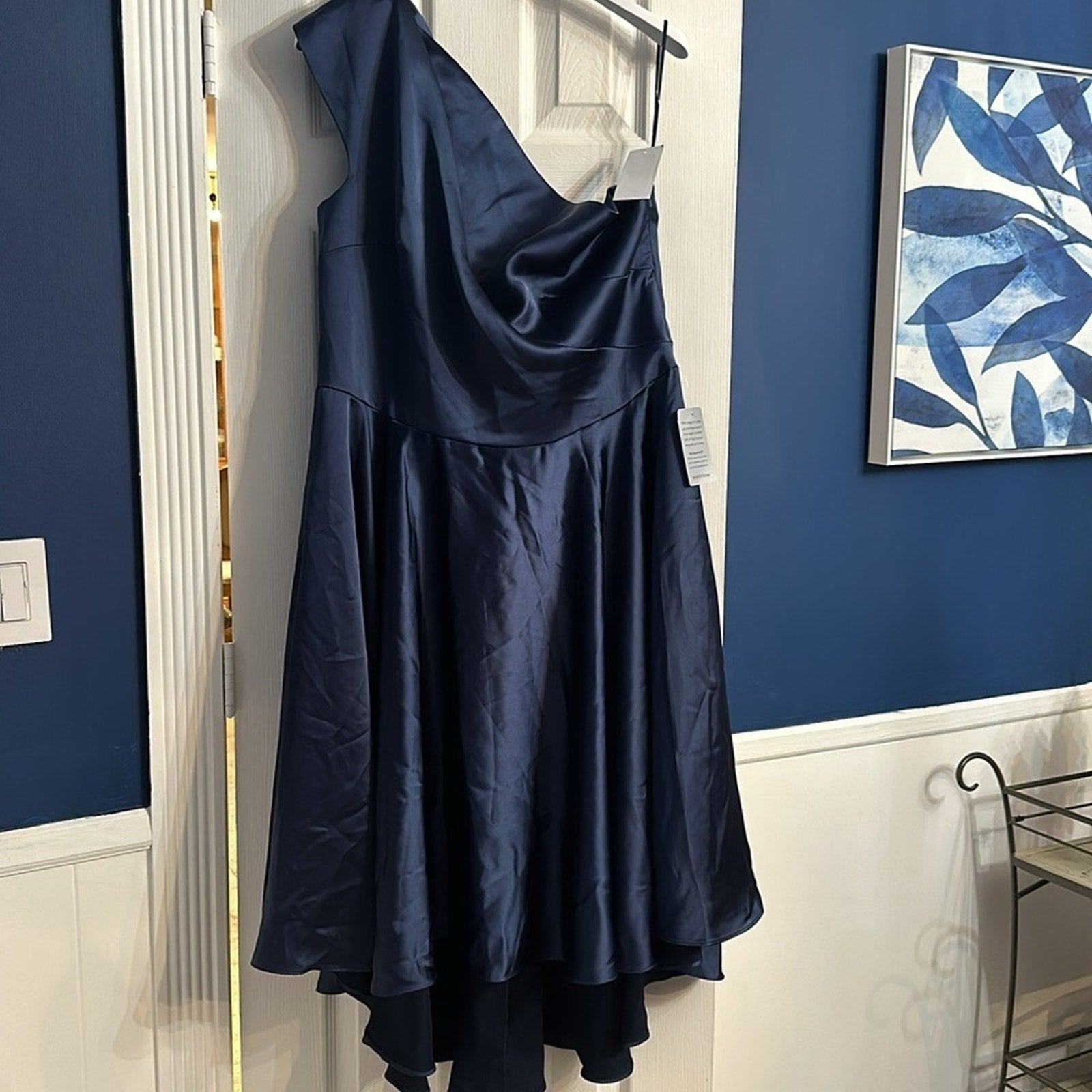 NWT Amsale One-Shoulder High-Low Satin Cocktail Dress in French Blue - size 20