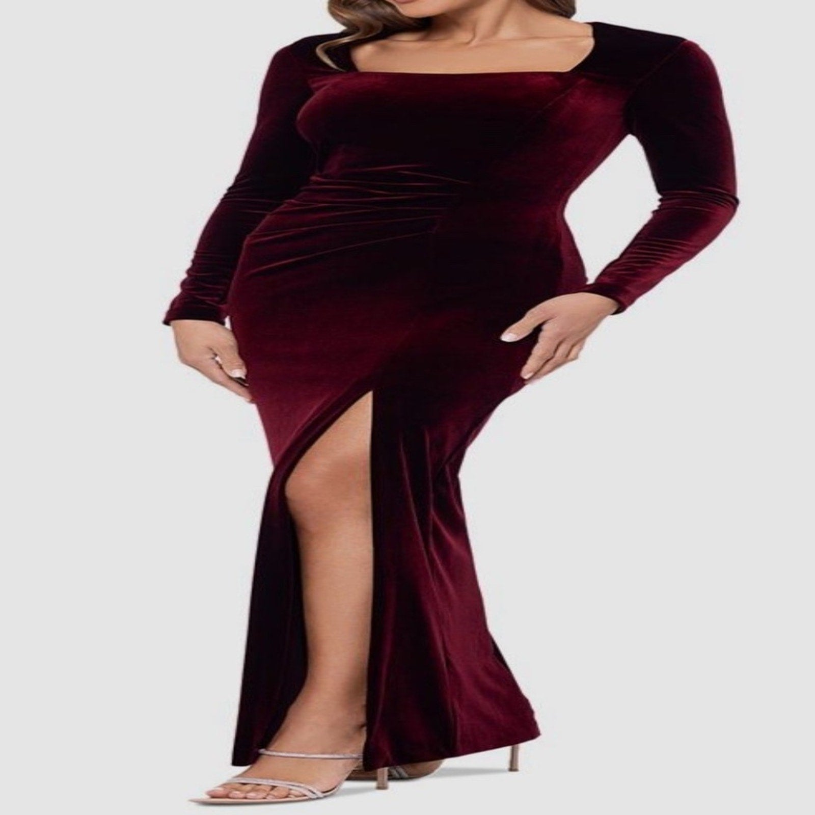 NWT Xscape Women's Red Velvet Long-Sleeve Front-Slit Gown Dress - size 8