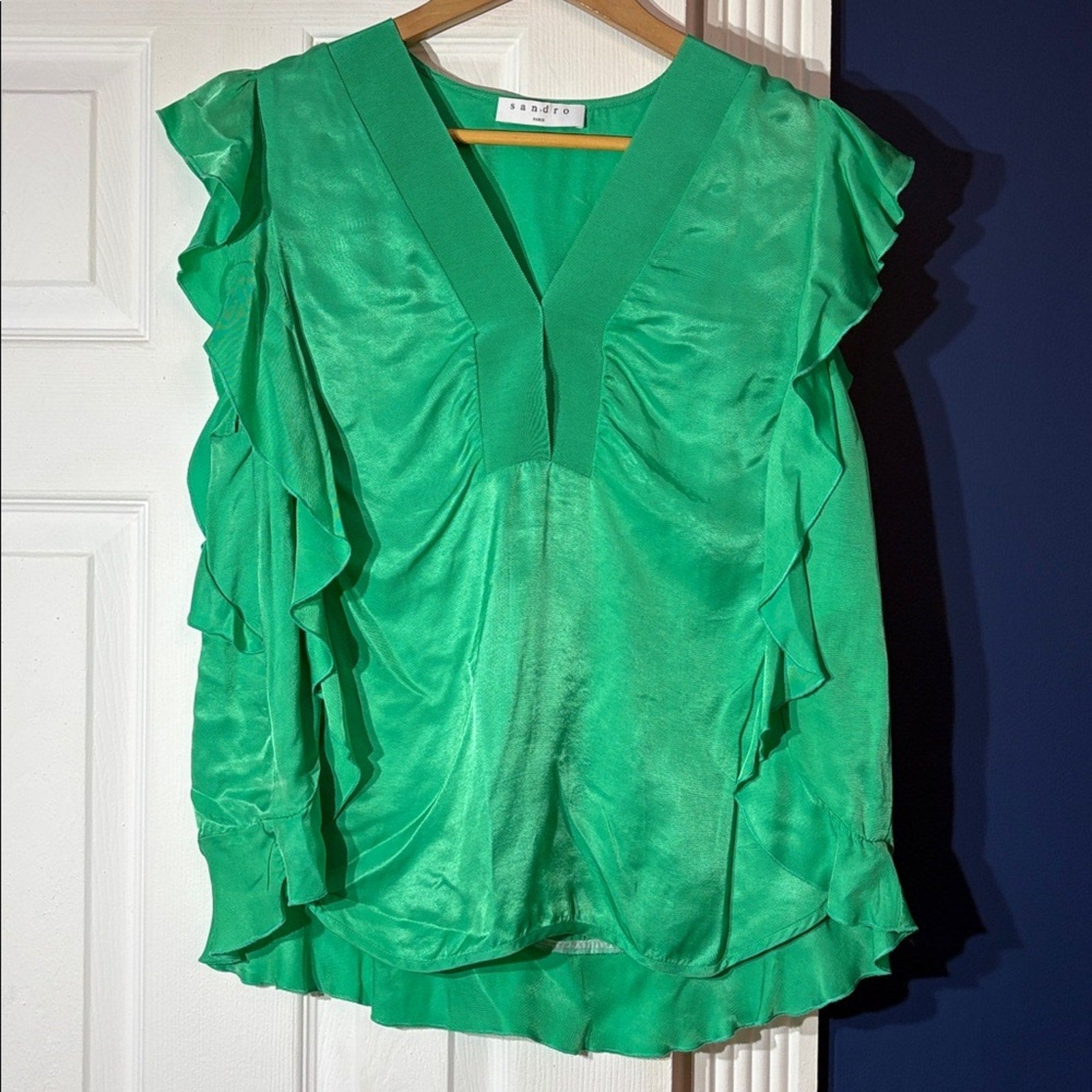 Sandro Green Crepe Viscose Ruffled Detail Top - size 3 (US 8)