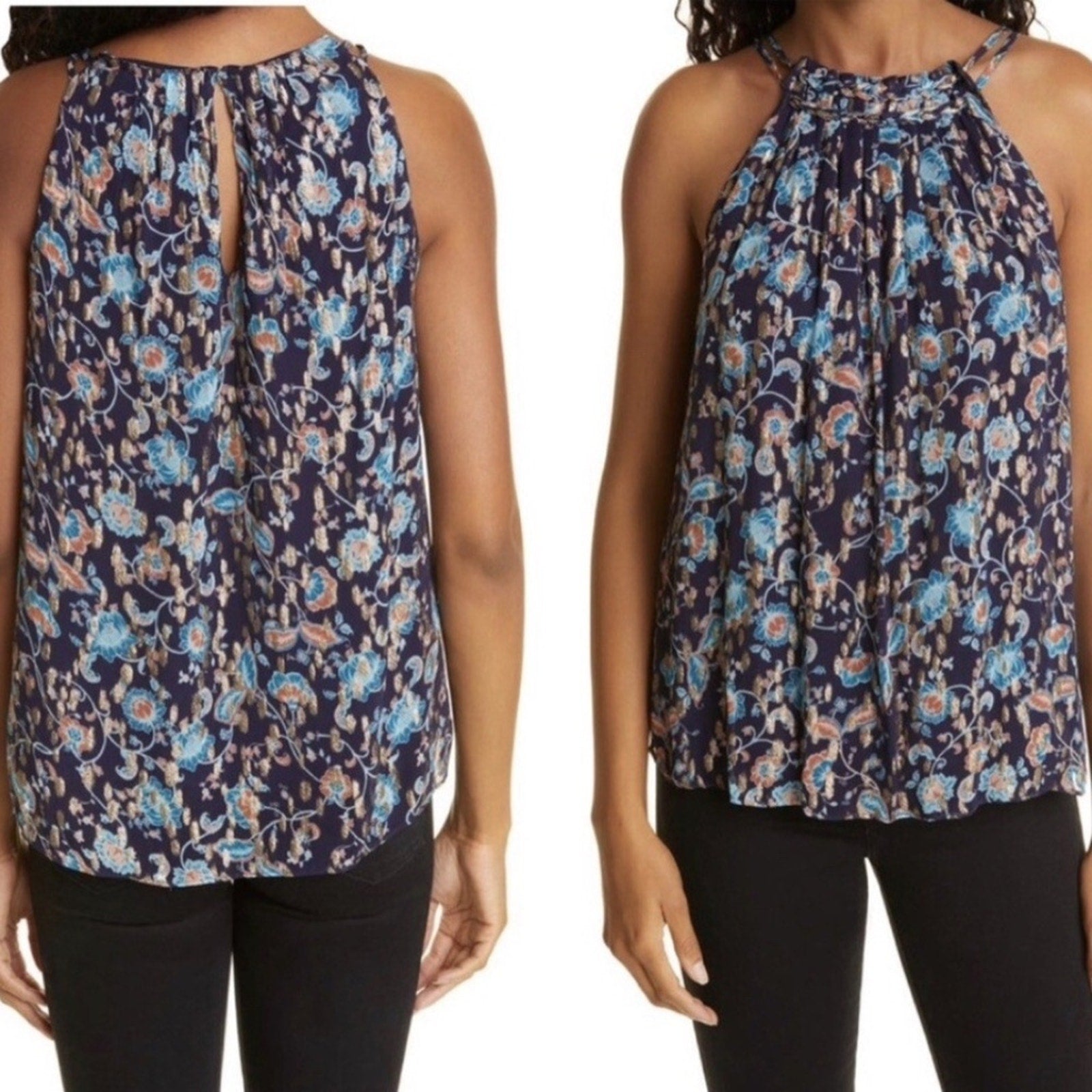 Ramy Brook $295 Kira Metallic Floral Halter Neck Top - size M