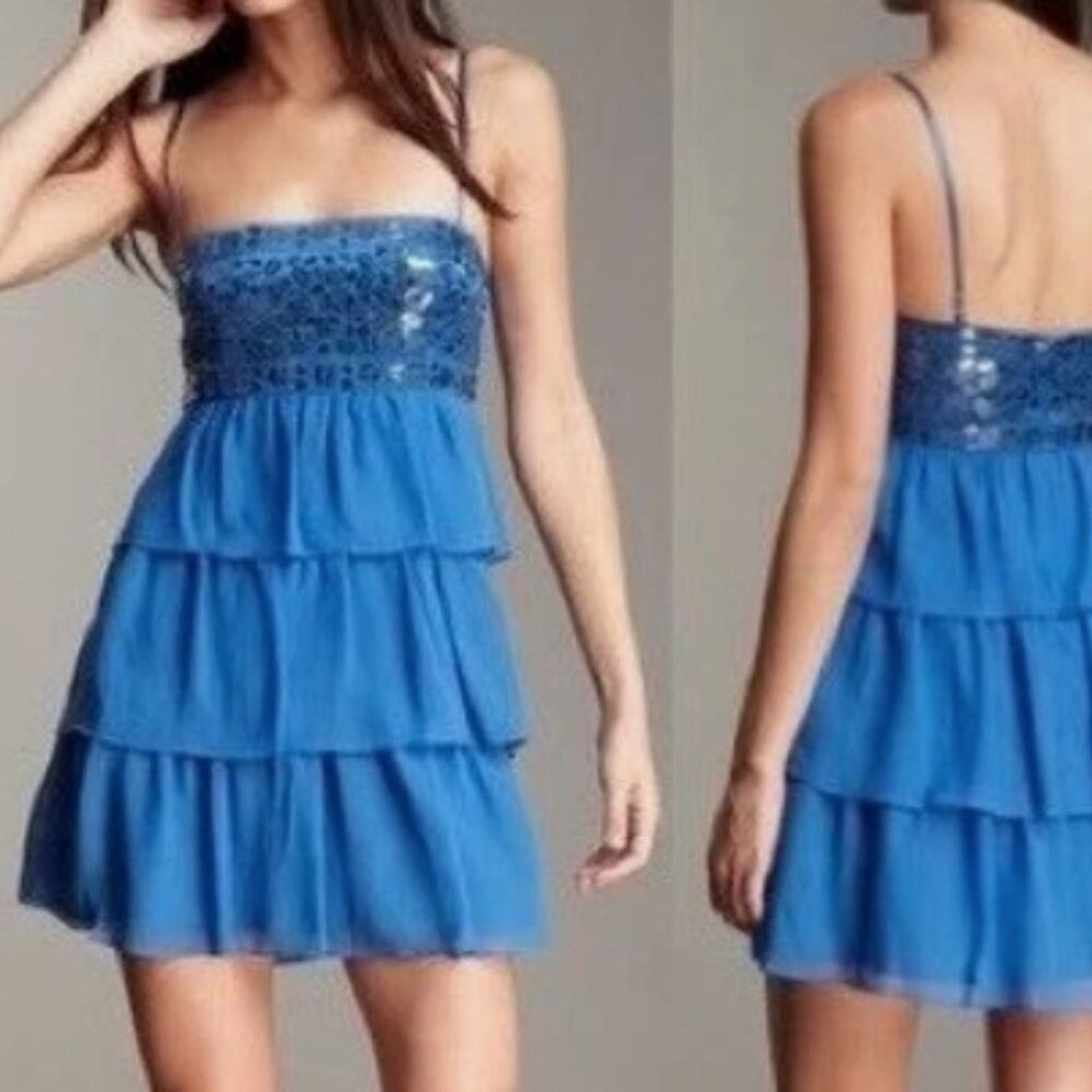 BCBG Maxazria Larkspur Blue Chiffon Beaded Paillette Bust Slip Dress - 8