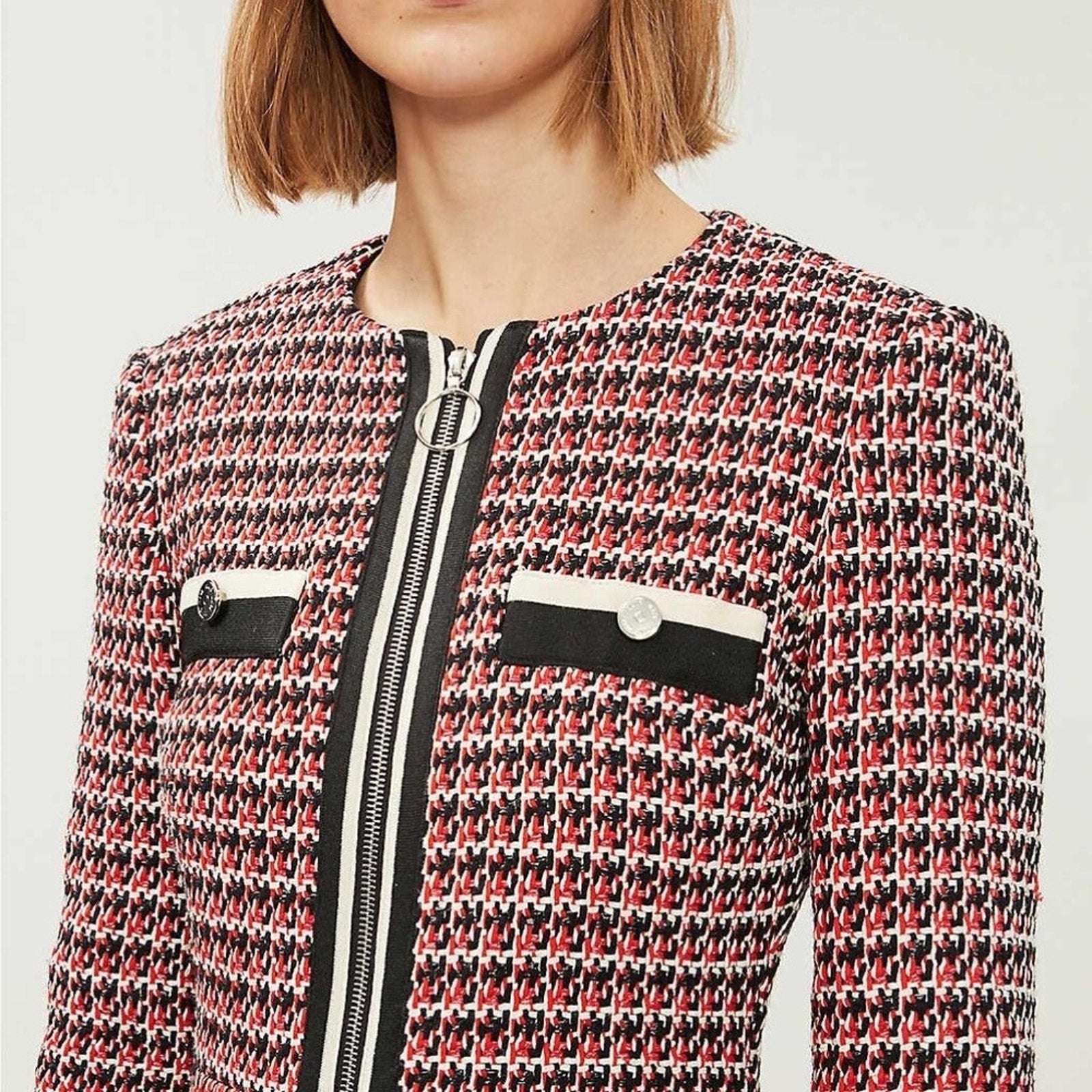 Maje Romane Tweed Dress NEW Red Black Full Zip Long Sleeve Mini - size 34