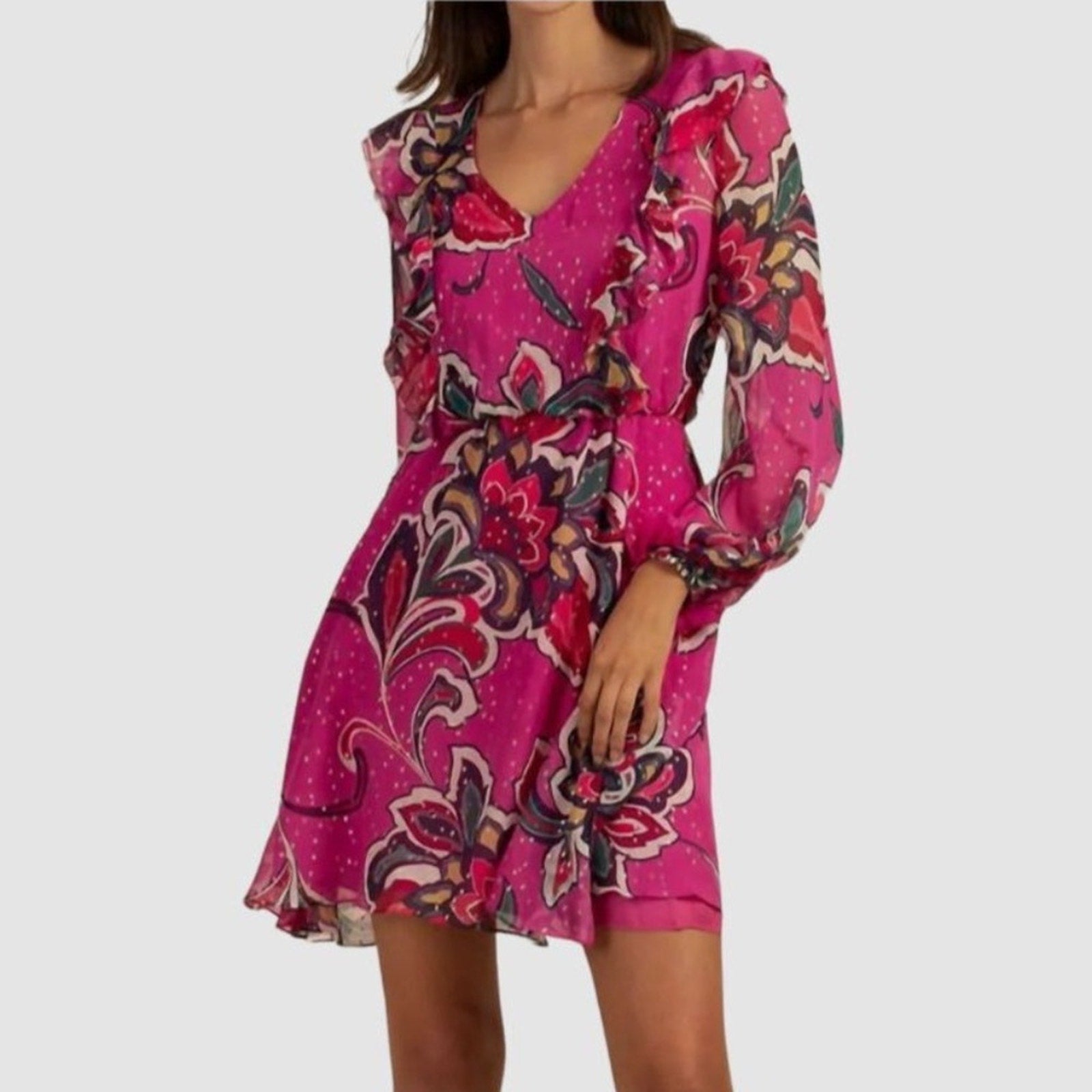 Trina Turk Womens Pink Silk Ruffled Long Balloon Sleeve A Line Dress -size small