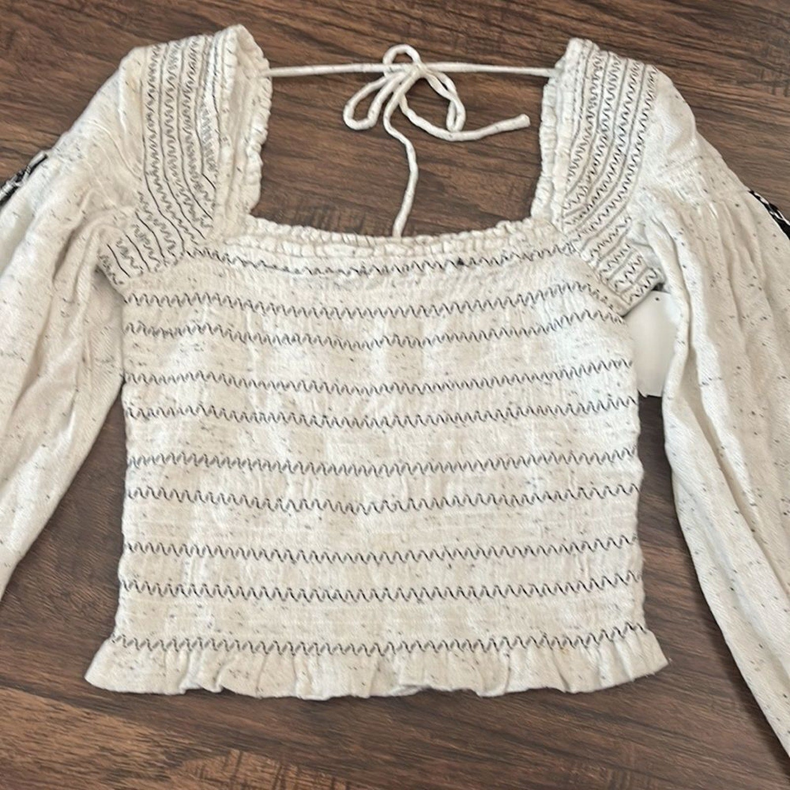 NWOT Free People Maggie Embroidered Top Crochet Long Sleeve Smocked Blouse - S