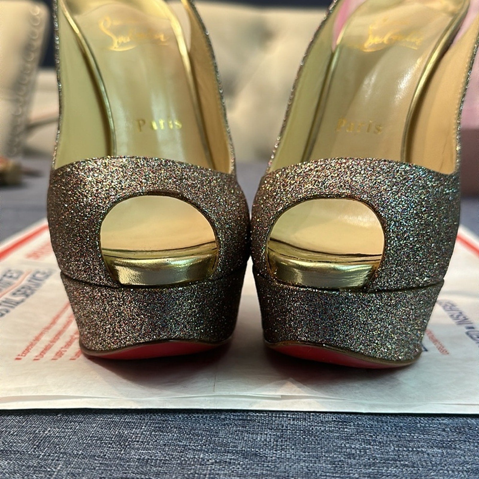 Christian Louboutin Metallic Multicolor Glitter Lady Peep Toe Platform Pump 36.5