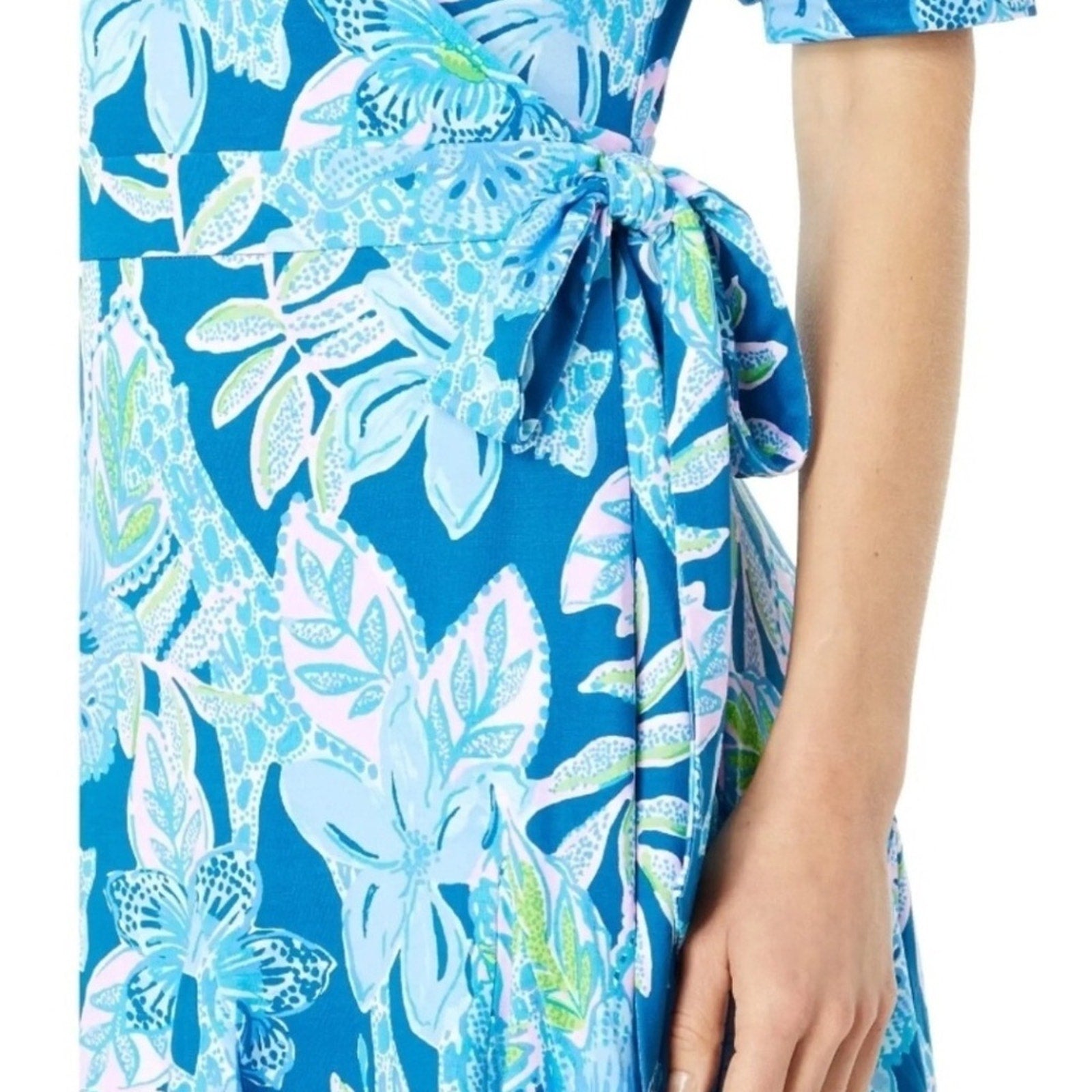 Lilly Pulitzer Kessler Wrap Dress Macaw Blue Tall Me About It - size M