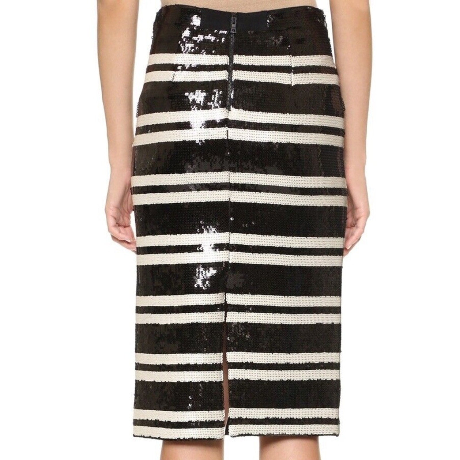 ALICE + OLIVIA Black Ivory Striped Sequin Embellished Rue Pencil - size 4