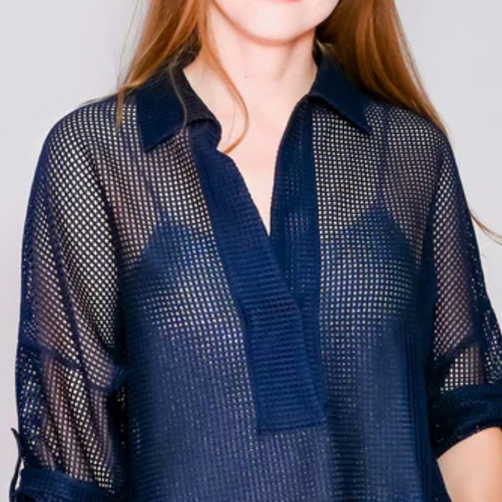 NWT AKRIS PUNTO Navy Blue Grid Mesh Blouse - size 10