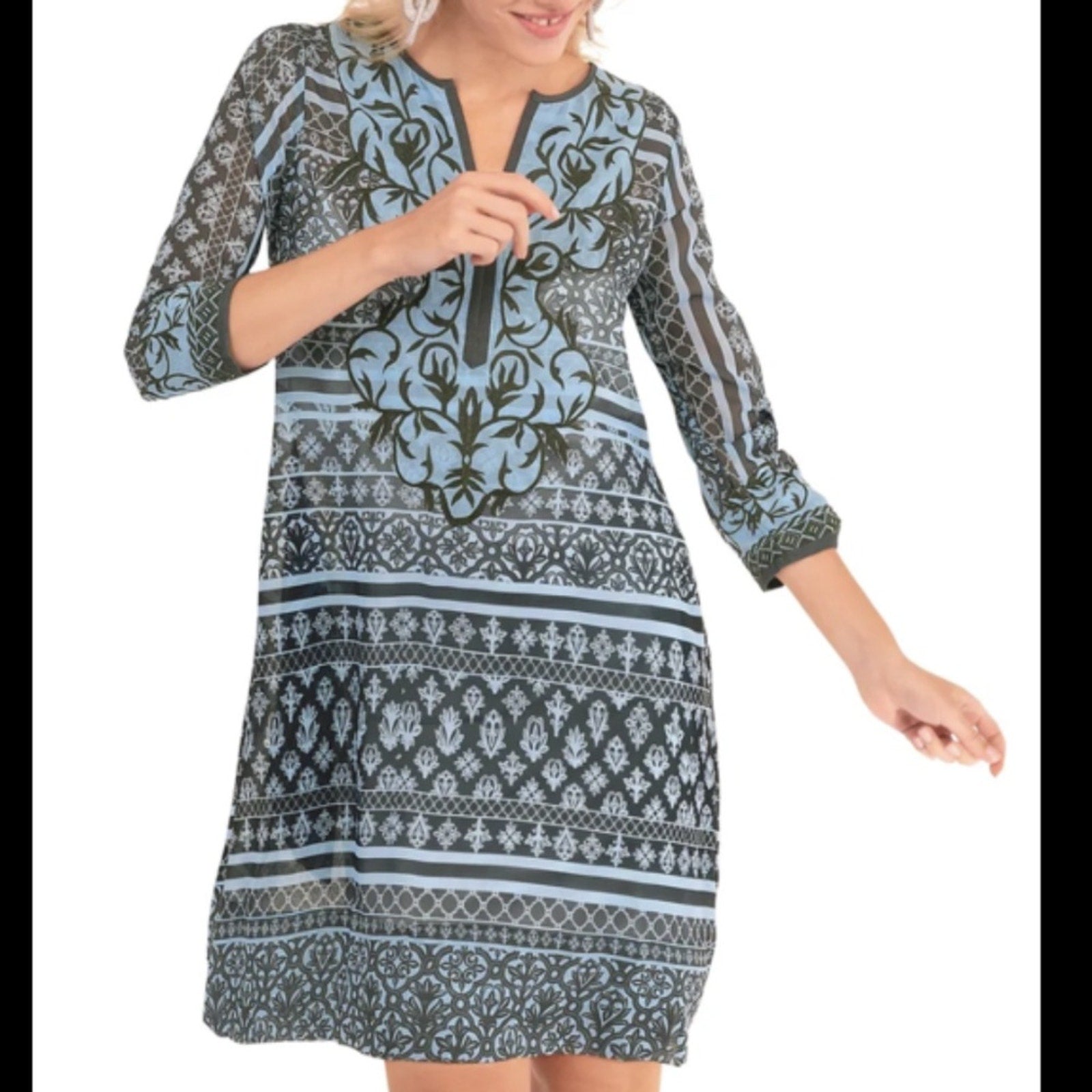 Gretchen Scott blue Embroidered Patchwork Swing Dress - size small