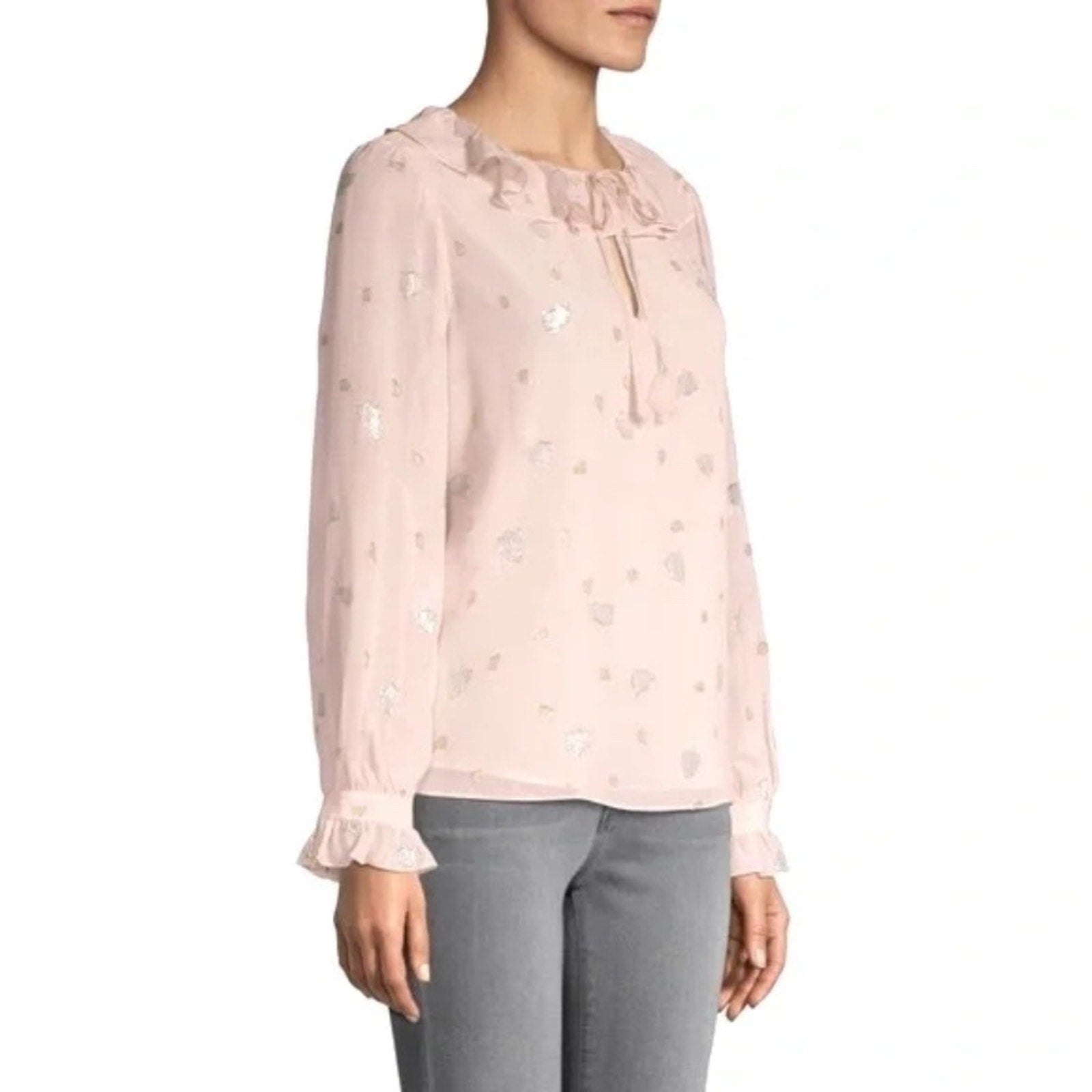 Rebecca Taylor Silk Floral Scattered Tulip Clip Ruffle Metallic Peasant Top - 12