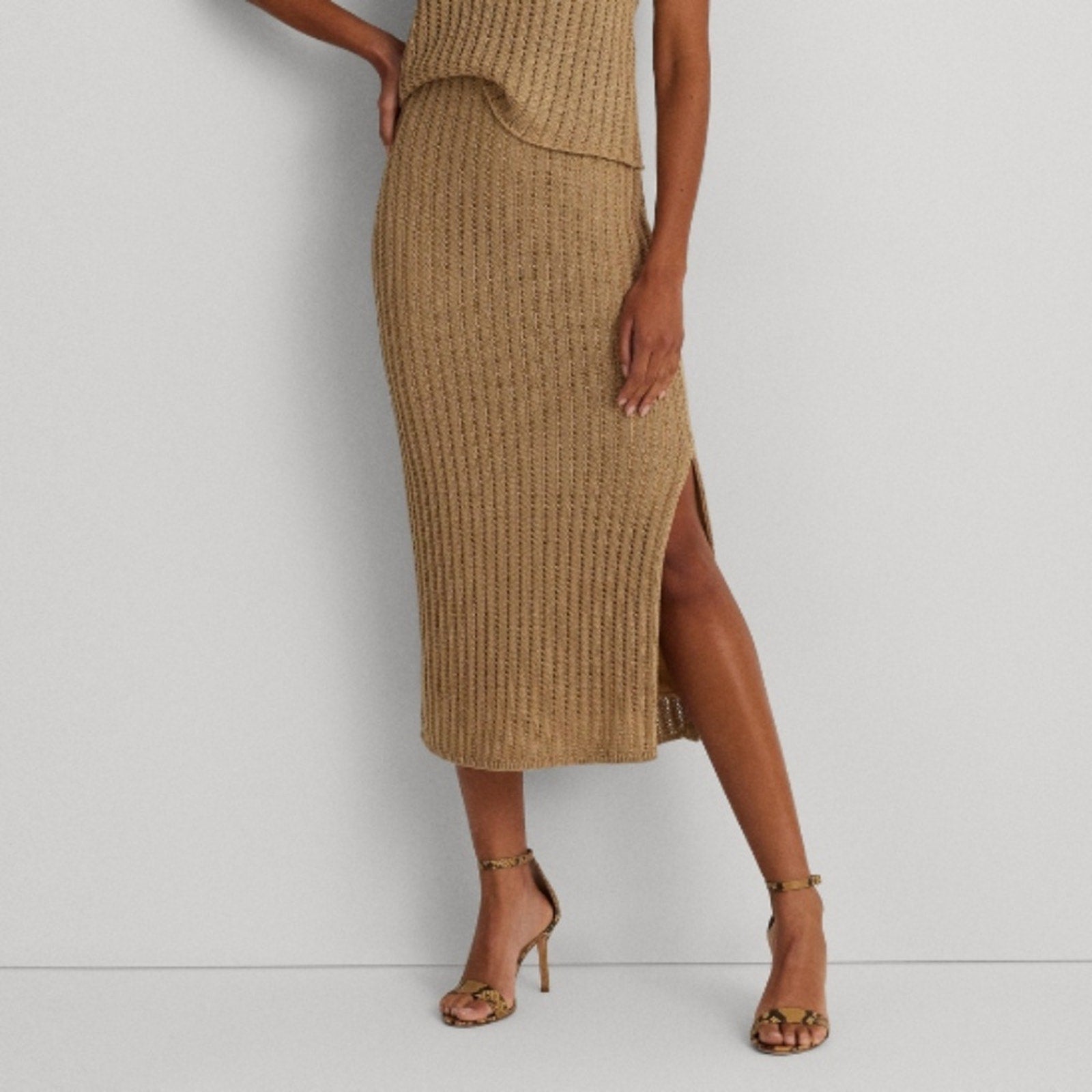 NWT Lauren Ralph Lauren Women Rib Knit Linen Pencil Skirt Beige - size M