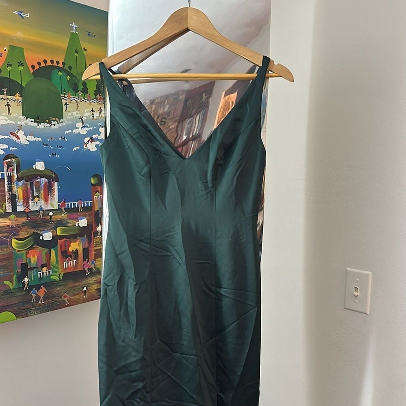 NEW After Six Draped Cowl-Back Princess Line Dress With Front Slit evergreen