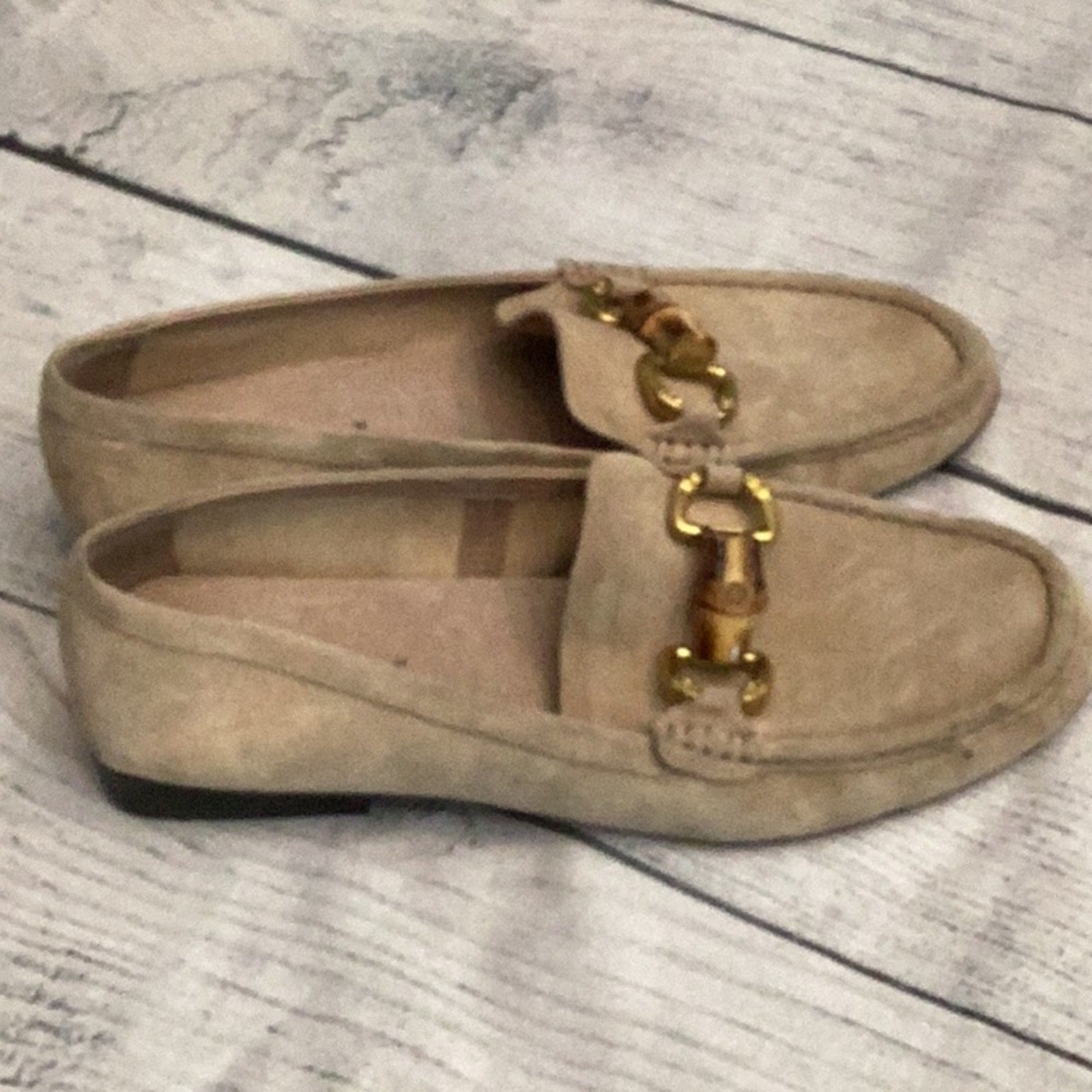 JEFFREY CAMPBELL Apprentice Moc Toe Loafers - Beige Suede Gold - size 7.5