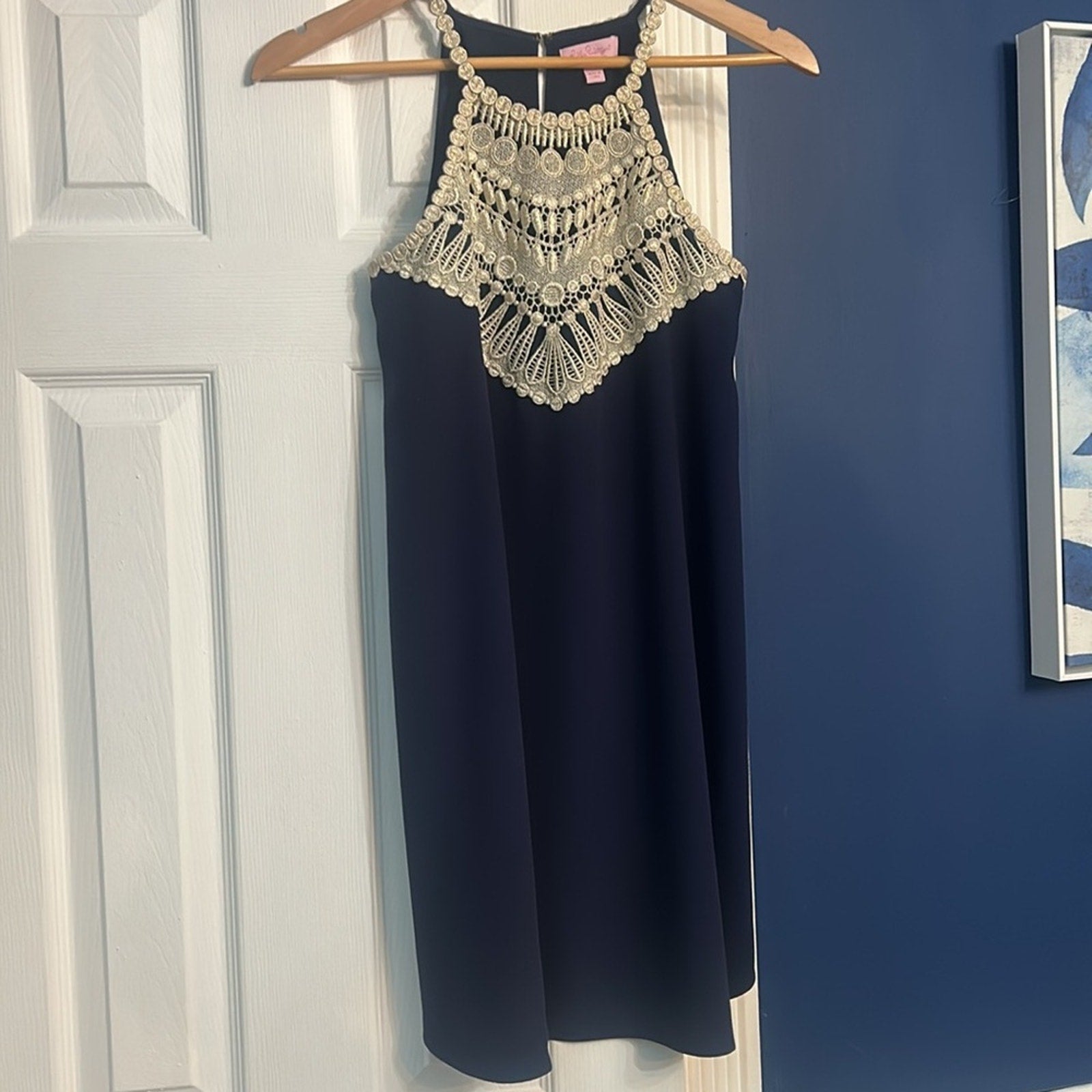 Lilly Pulitzer Pearl Soft Shift Dress Size 0 Blue Gold Trim #28822