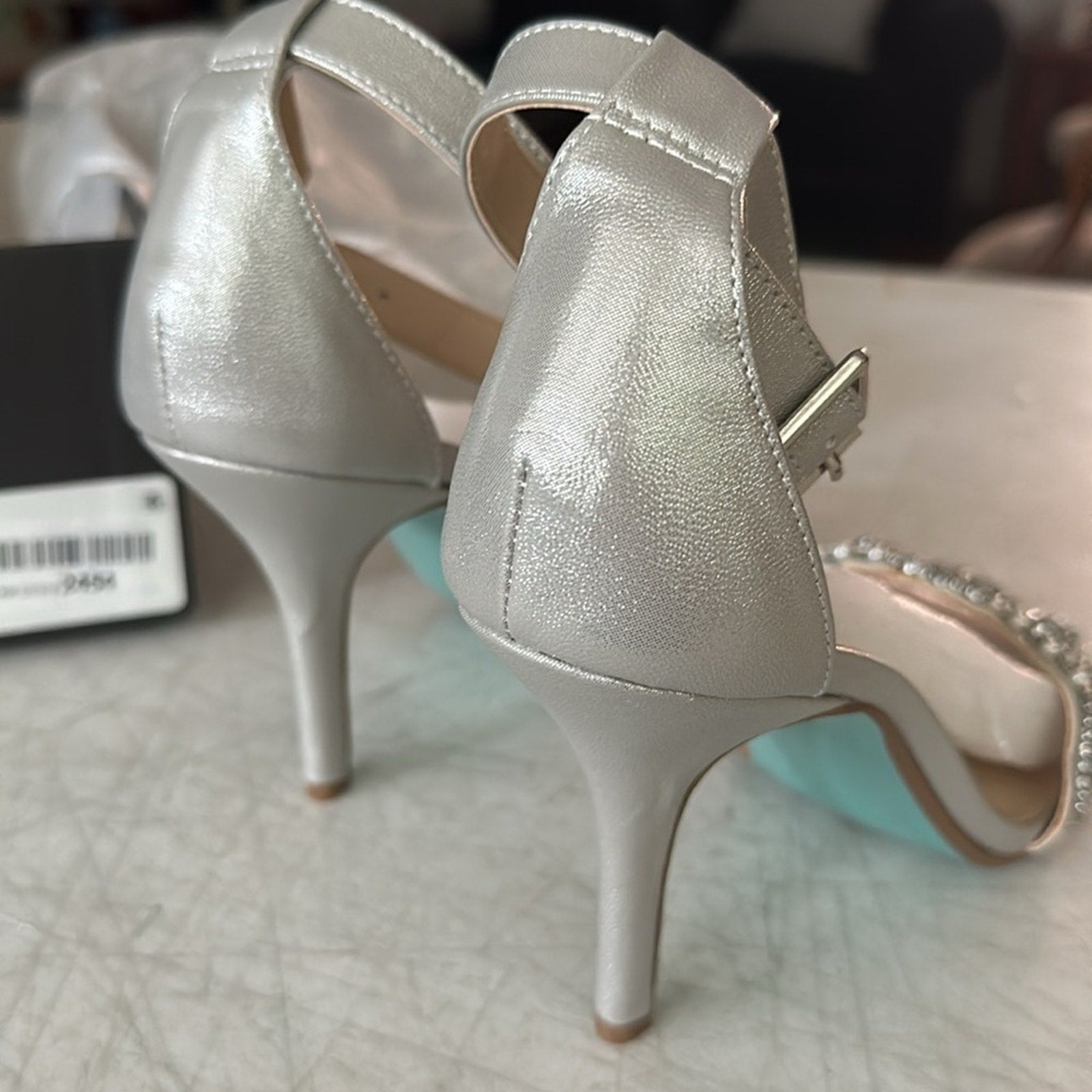 NEW Betsey Johnson Gina Jeweled Ankle Strap Dress Sandals Silver Satin Stiletto - 7.5