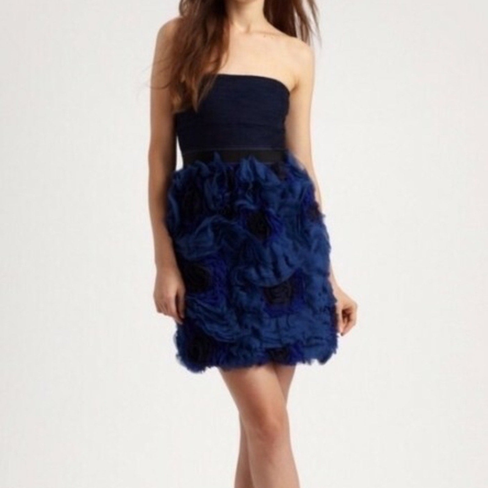 NEW BCBG MaxAzria Dress Blue Organza Rosette Pleated Strapless - size 4