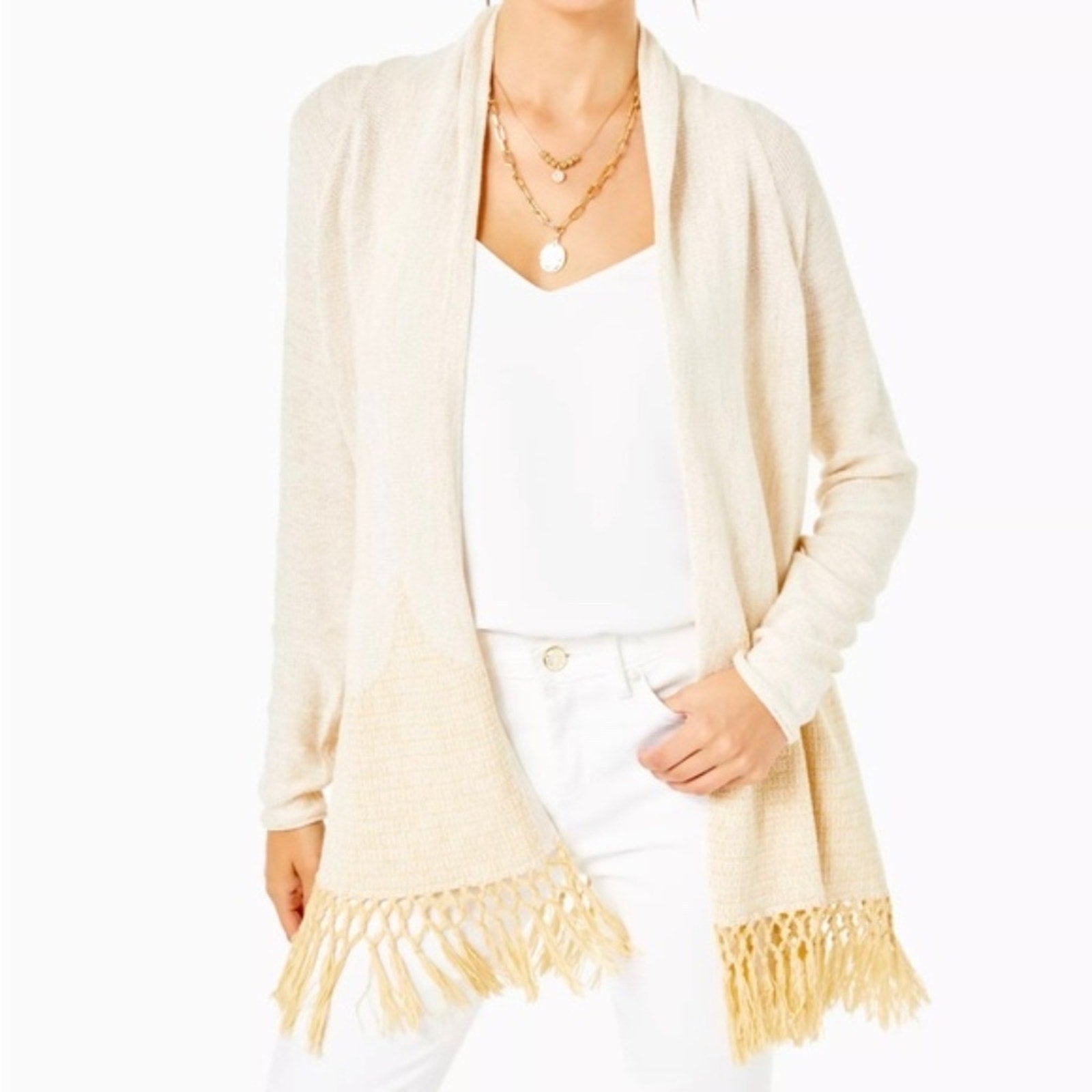 LILLY PULITZER TATUM LONG FRINGE HEM CARDIGAN LONG SLEEVE METALLIC GOLD - size M