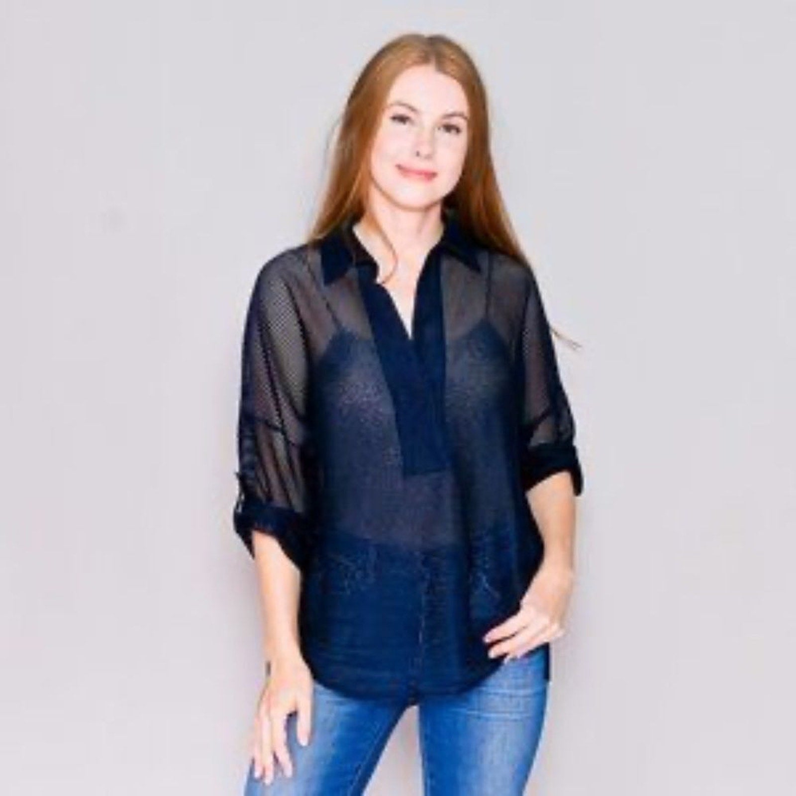 NWT AKRIS PUNTO Navy Blue Grid Mesh Blouse - size 10