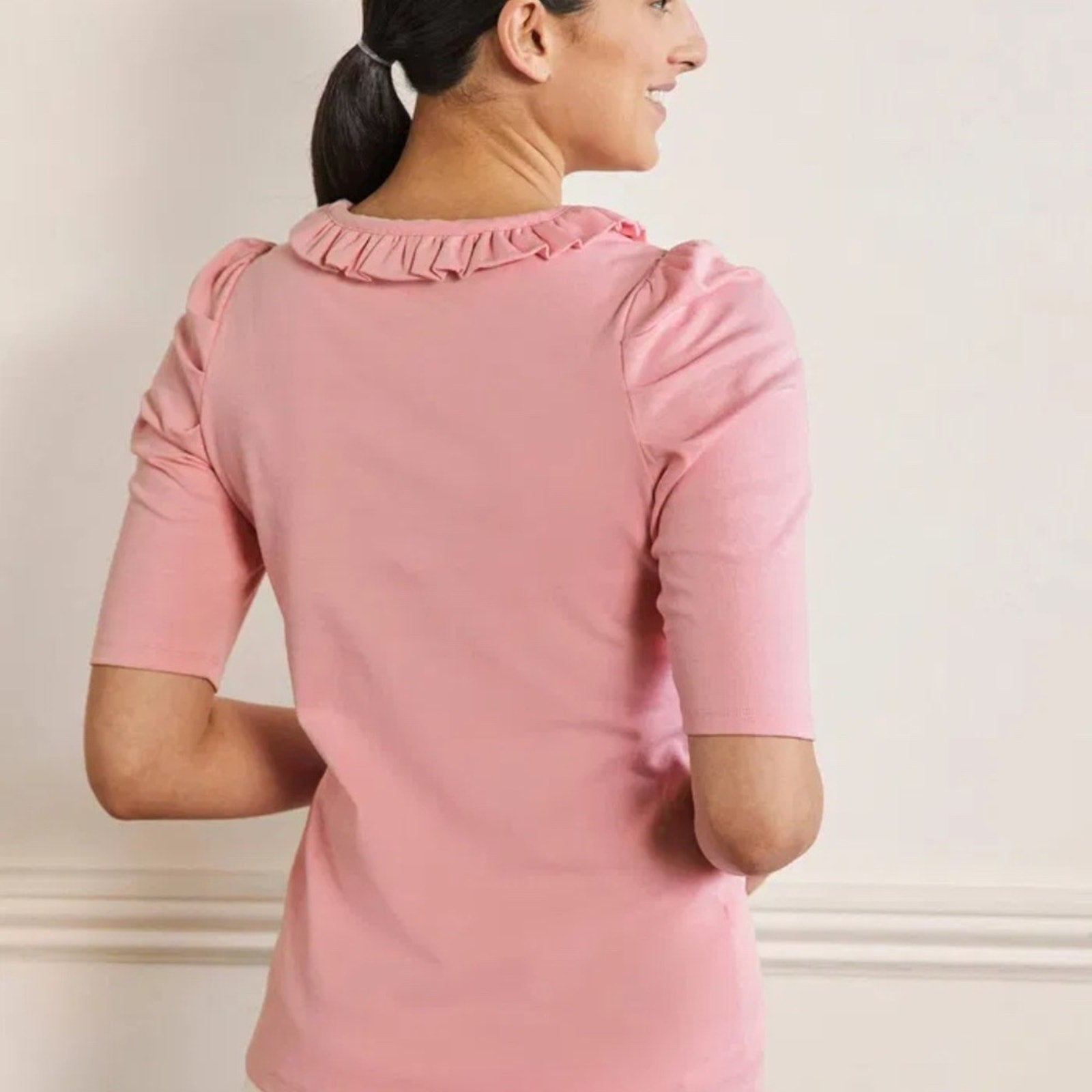 BODEN Puff Sleeve Frill Neck T-Shirt - SIZE 4