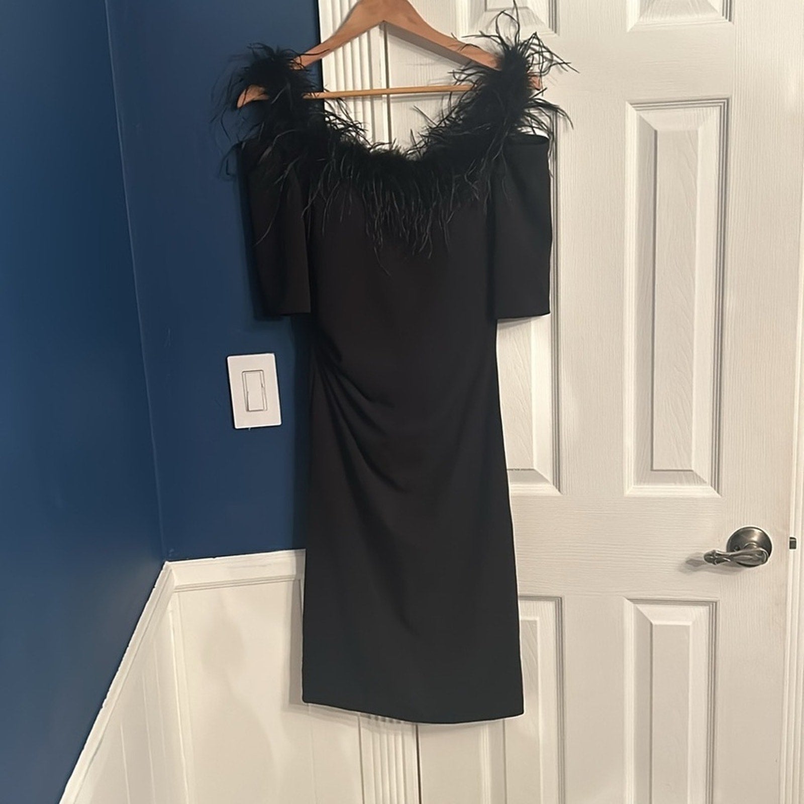 NWT XSCAPE Black Feather Trim Off the Shoulder Elbow Sleeve Velvet Sheath Dress