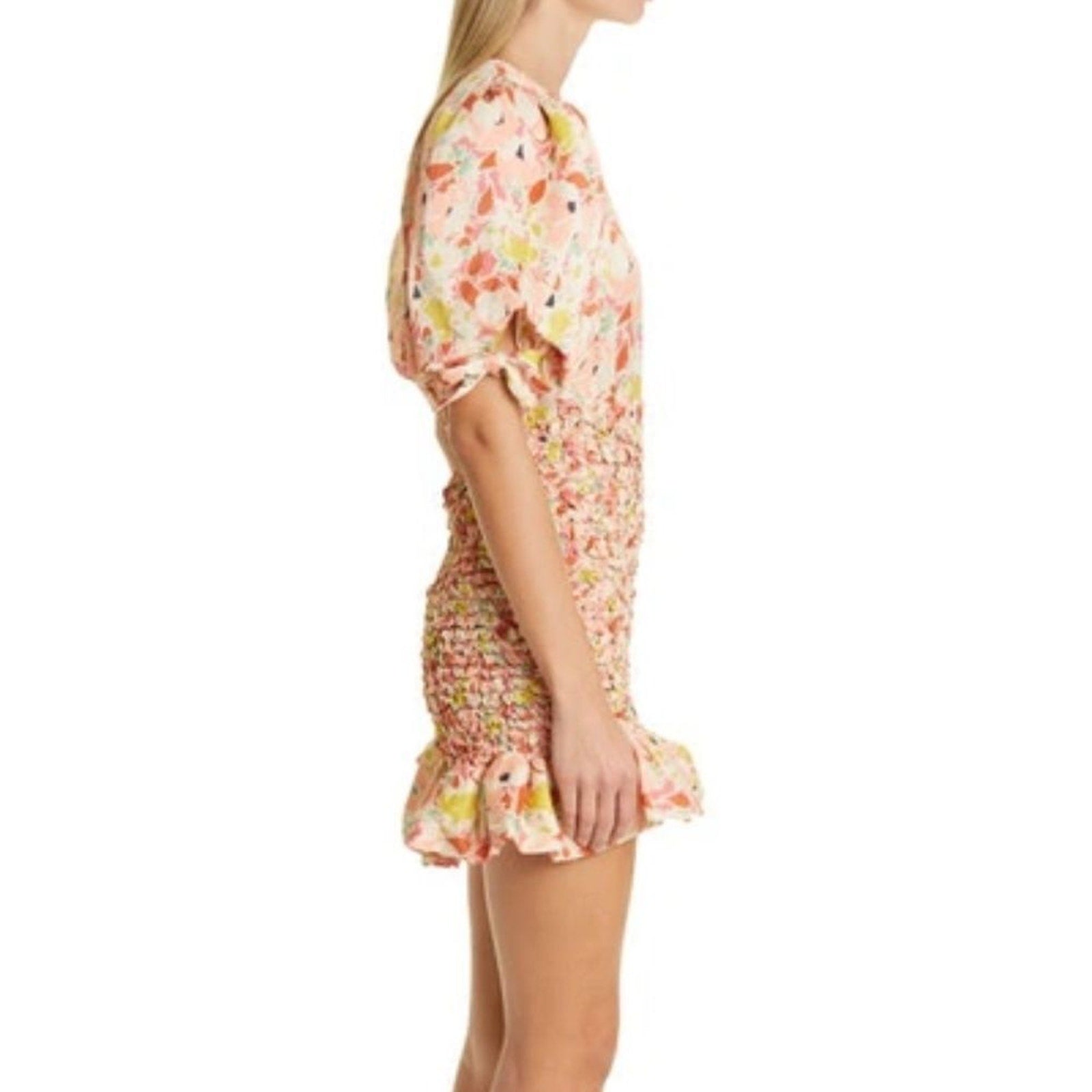 NEW BYTIMO Shirred floral-print satin-crepe mini dress - size XS