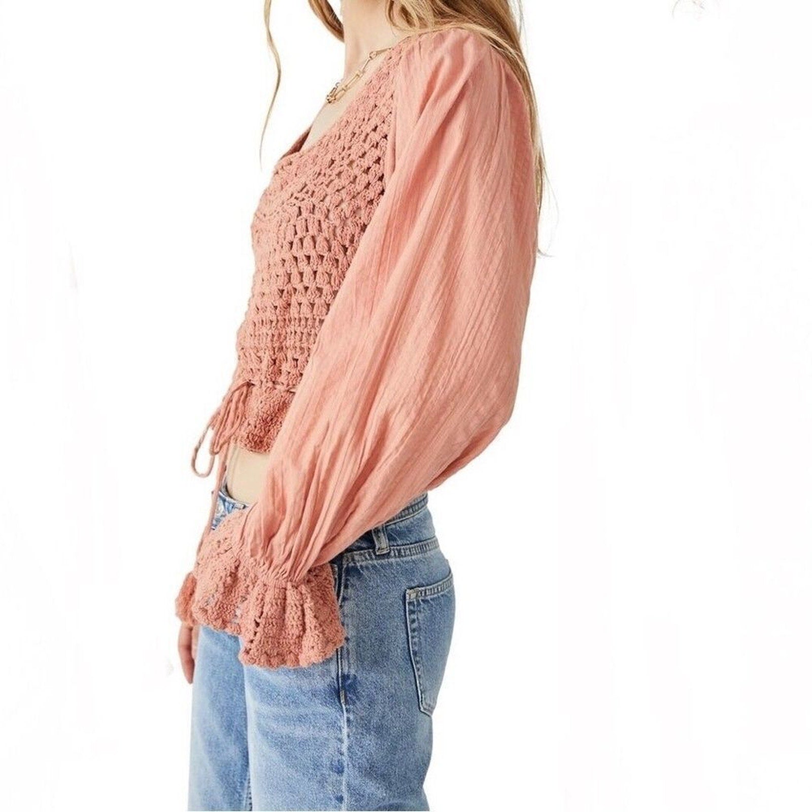 NWT FREE PEOPLE Megan Crochet Top in Coral Sand - size small