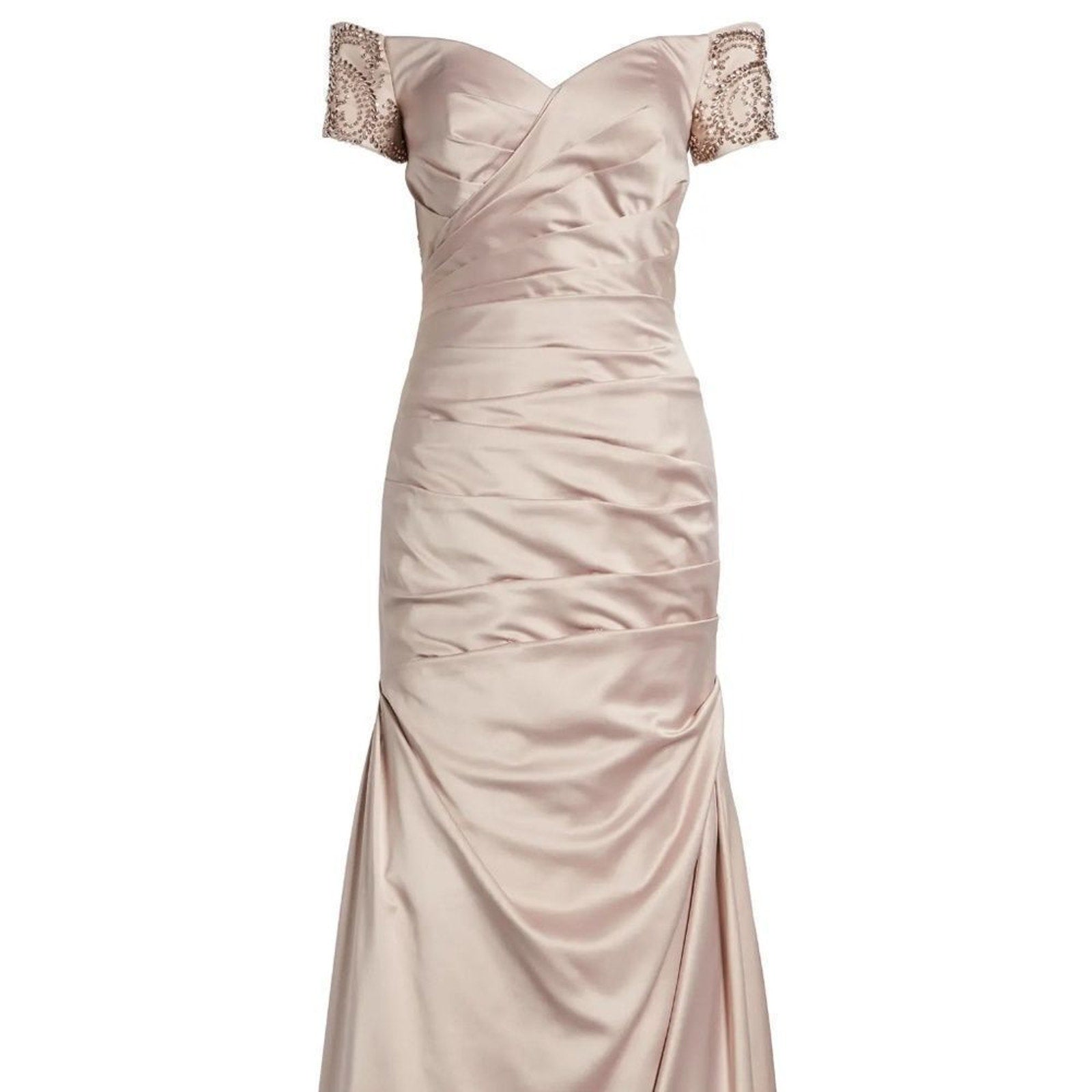 NWT La Femme Off the Shoulder Beaded Satin Trumpet Gown in champagne - size 6