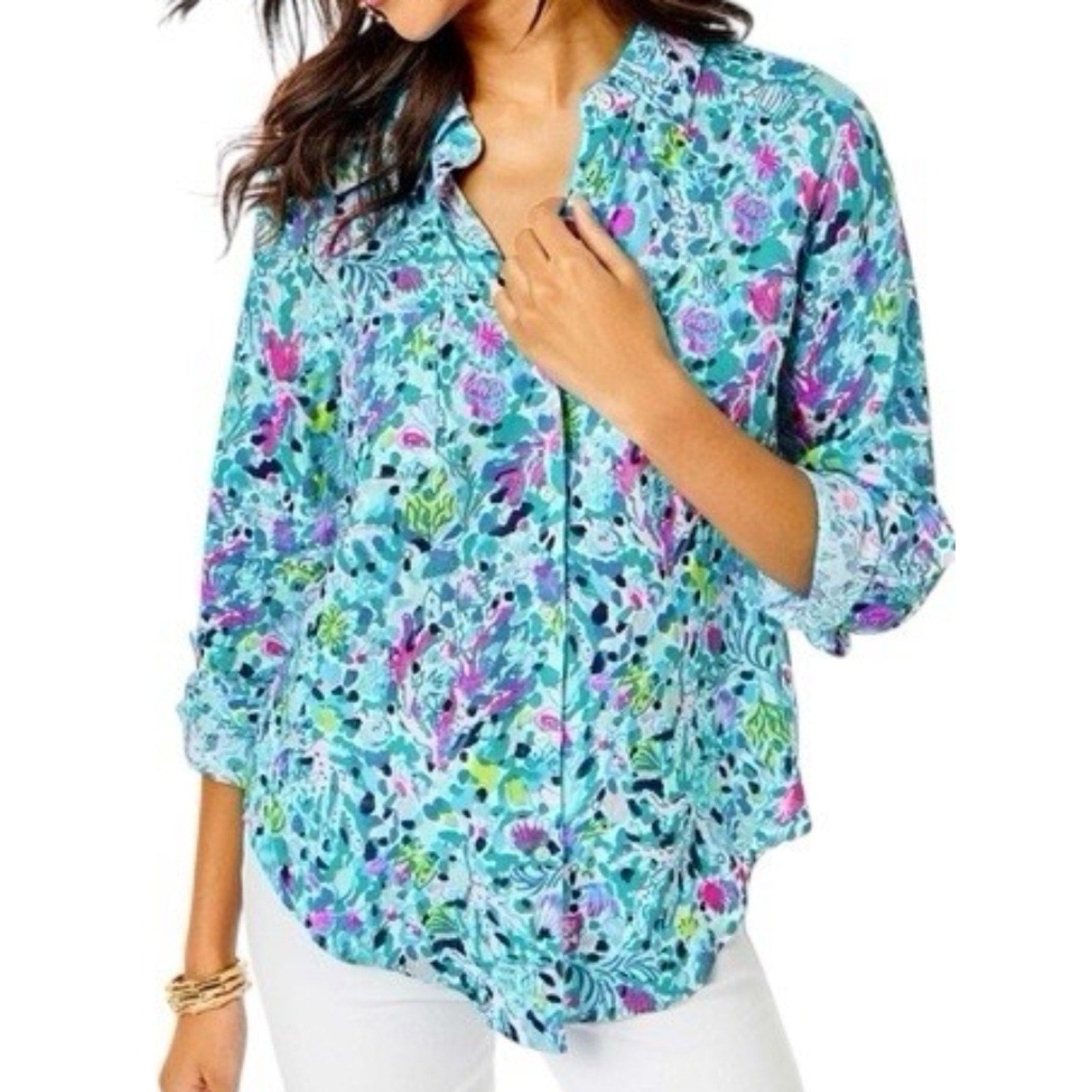 Lilly Pulitzer Sea View Linen Button Down Top Blue Multi Dive Bar - Large 🌟