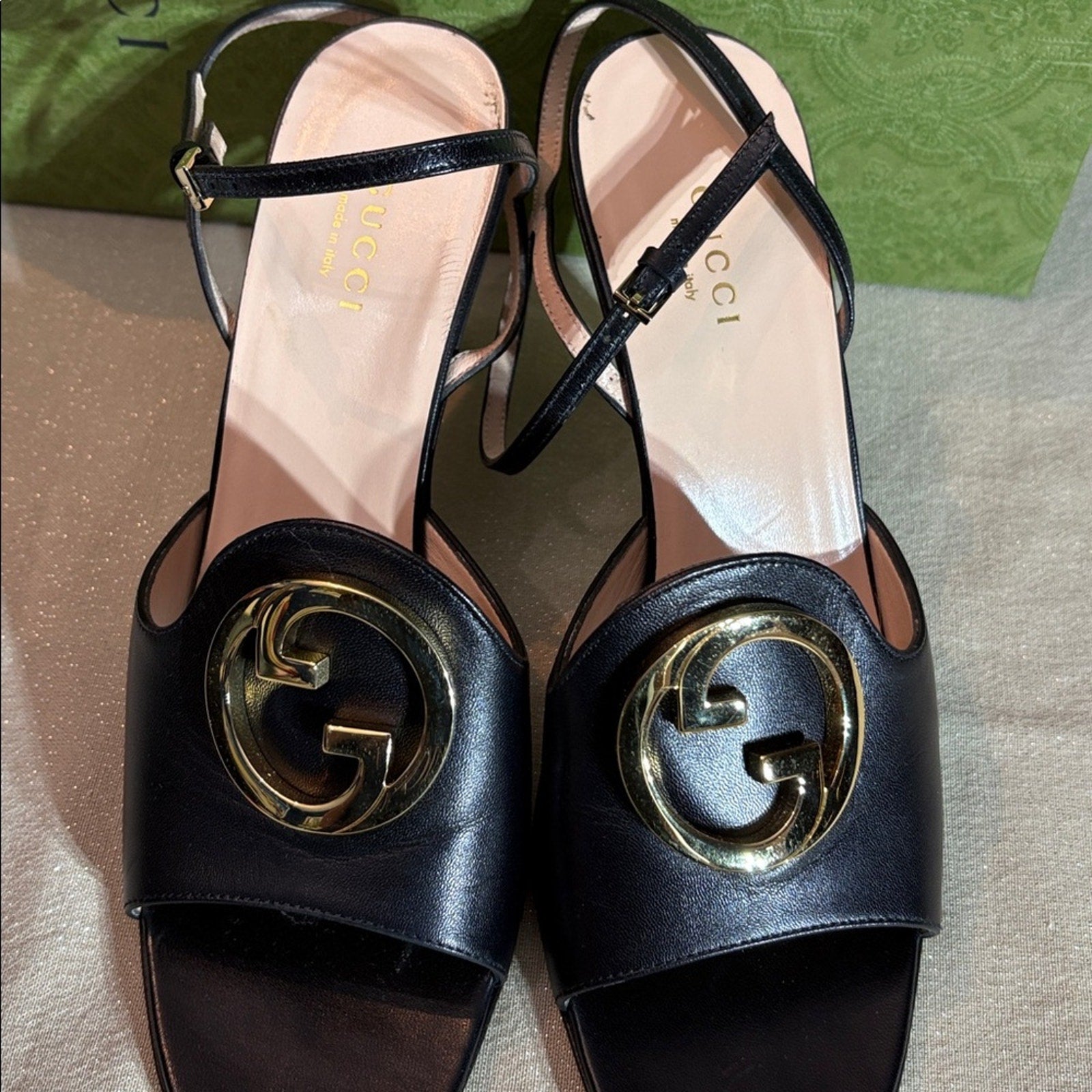 Gucci Blondie Heels Sandals Shoes Black Leather - 38 1/2