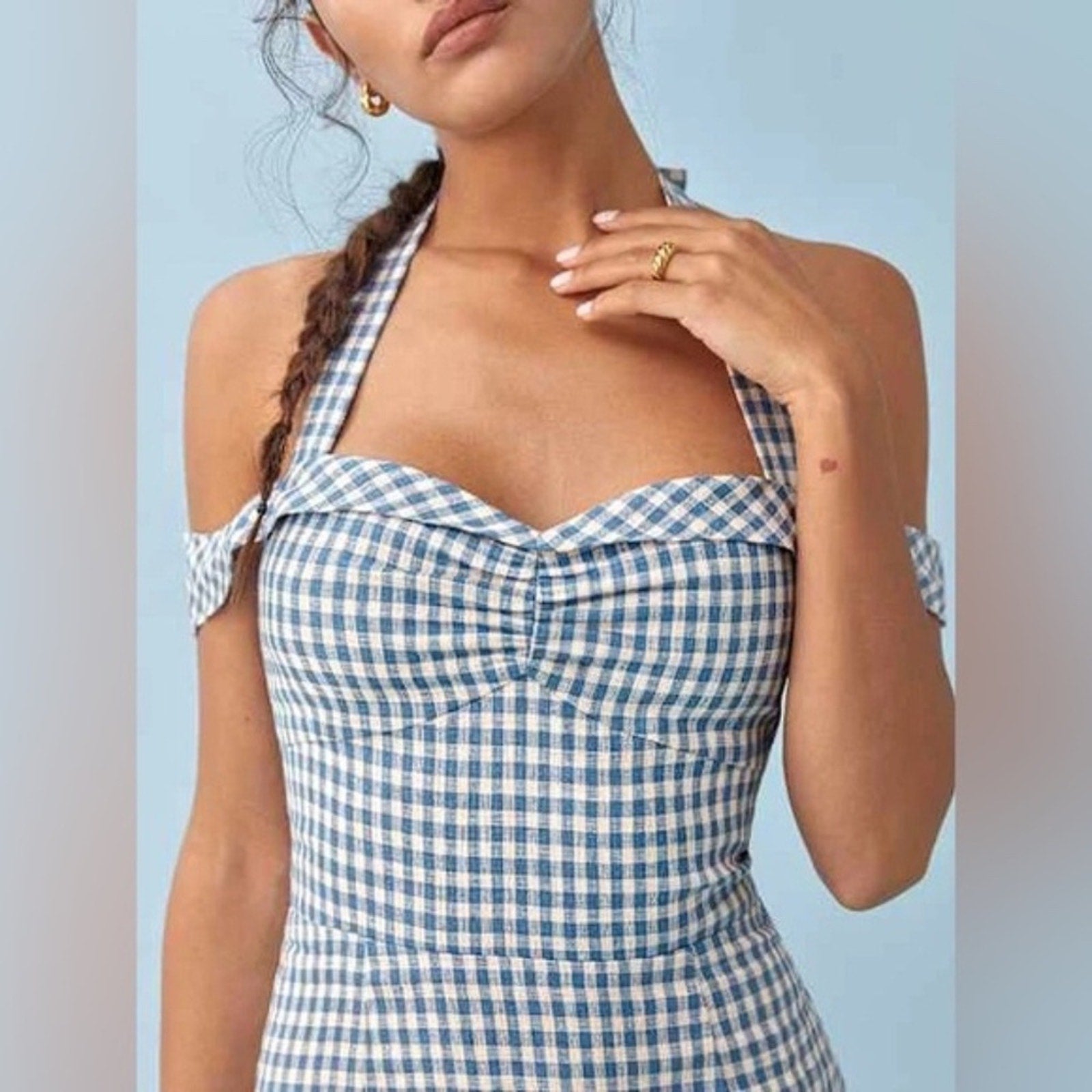 REFORMATION Sanford Linen Dress - Azure Check - size 2