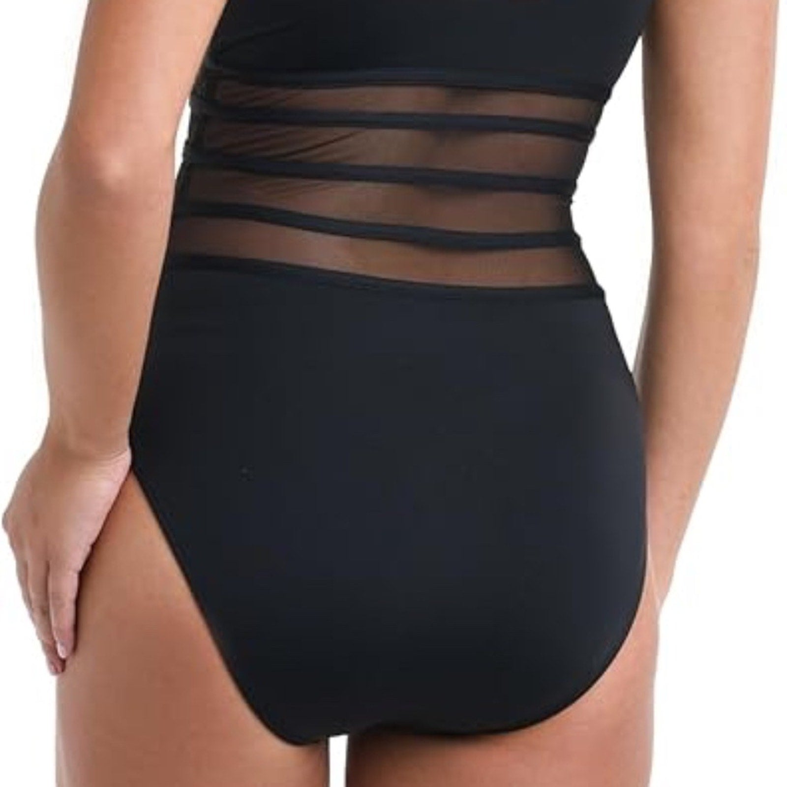 NEW La Blanca Island Goddess Over the Shoulder Mesh One Piece - Black - size 12