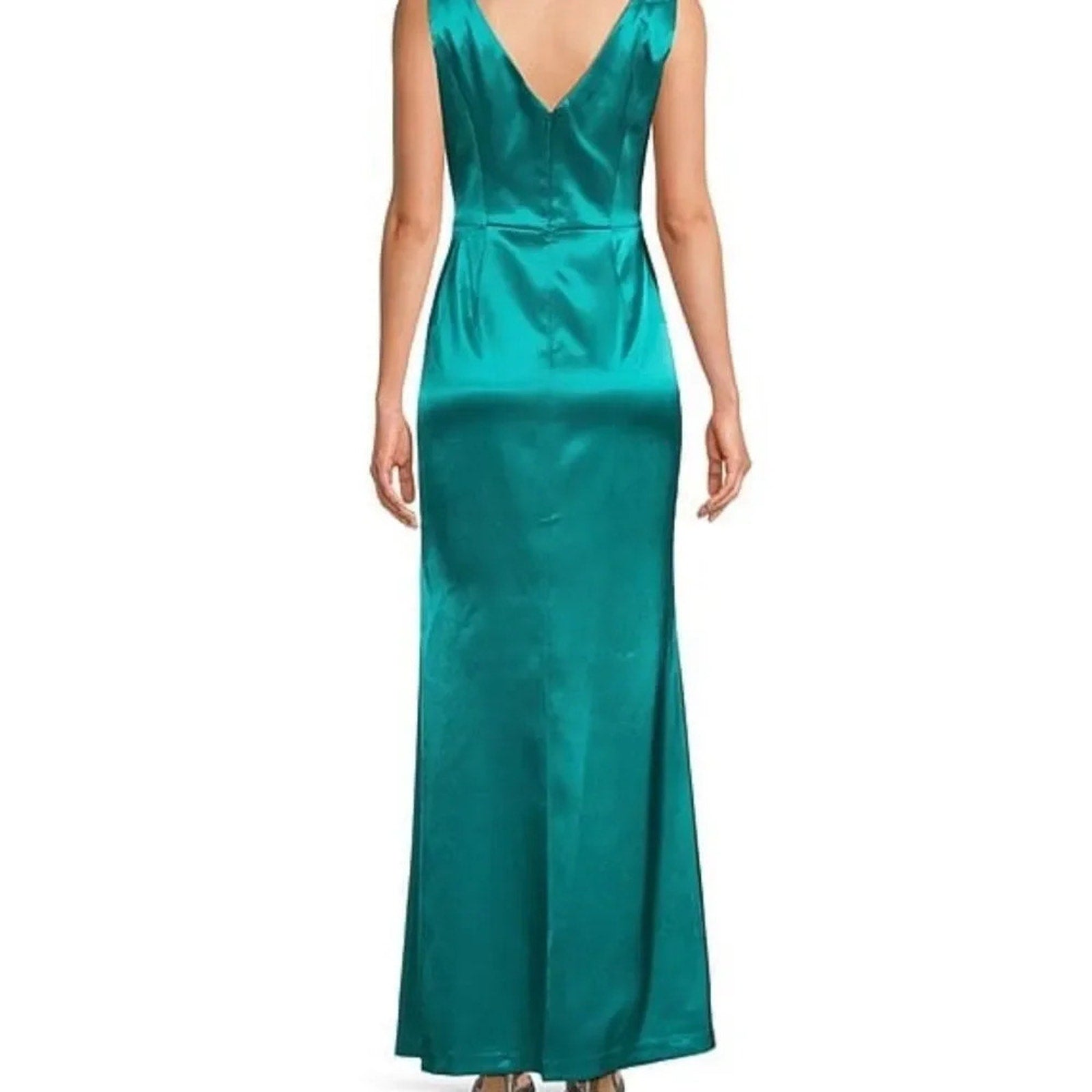NWT Eliza J Stretch Satin Boat Neck Sleeveless Cascading Ruffle Side Slit Gown 8