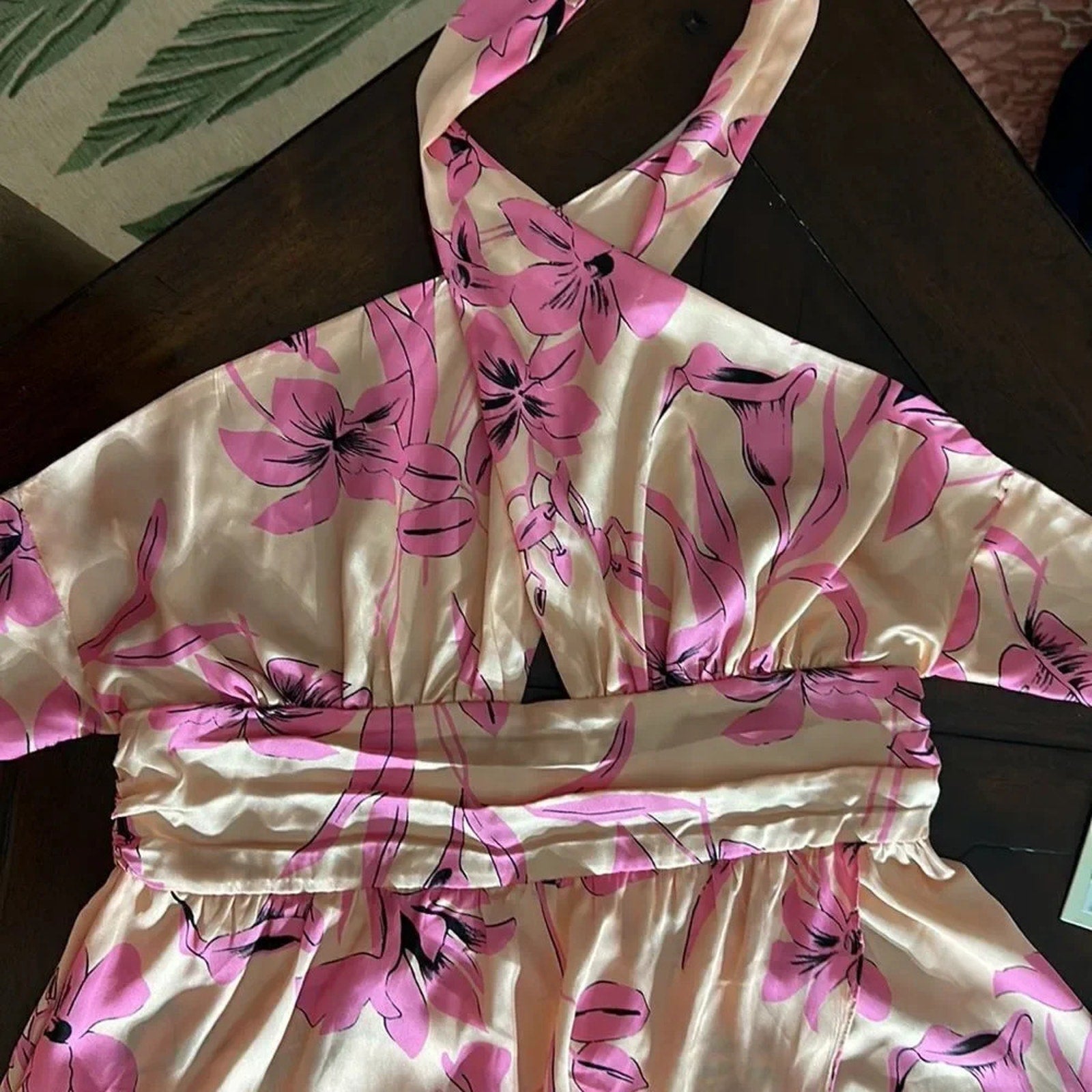 NWT $395 Ramy Brook Women's Pink Luna Floral Halter Neck Satin Dress - size 12