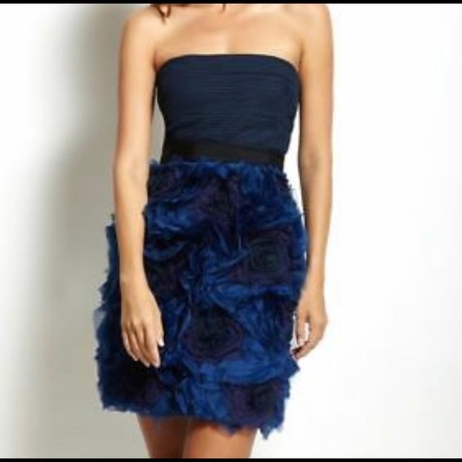 NEW BCBG MaxAzria Dress Blue Organza Rosette Pleated Strapless - size 4