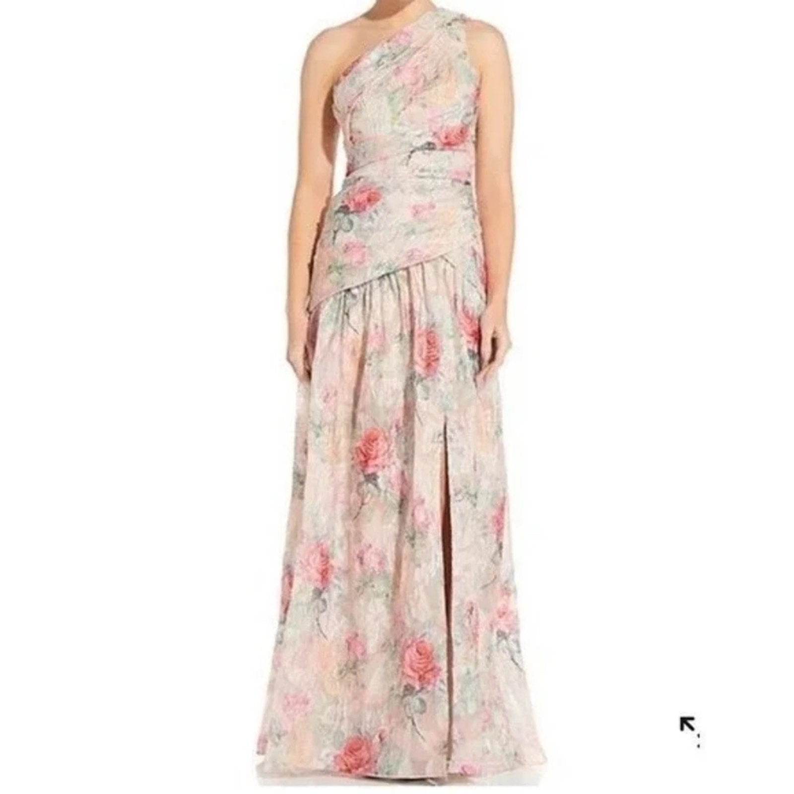 Aidan Mattox One-Shoulder Rose Jacquard Front Slit -size 6