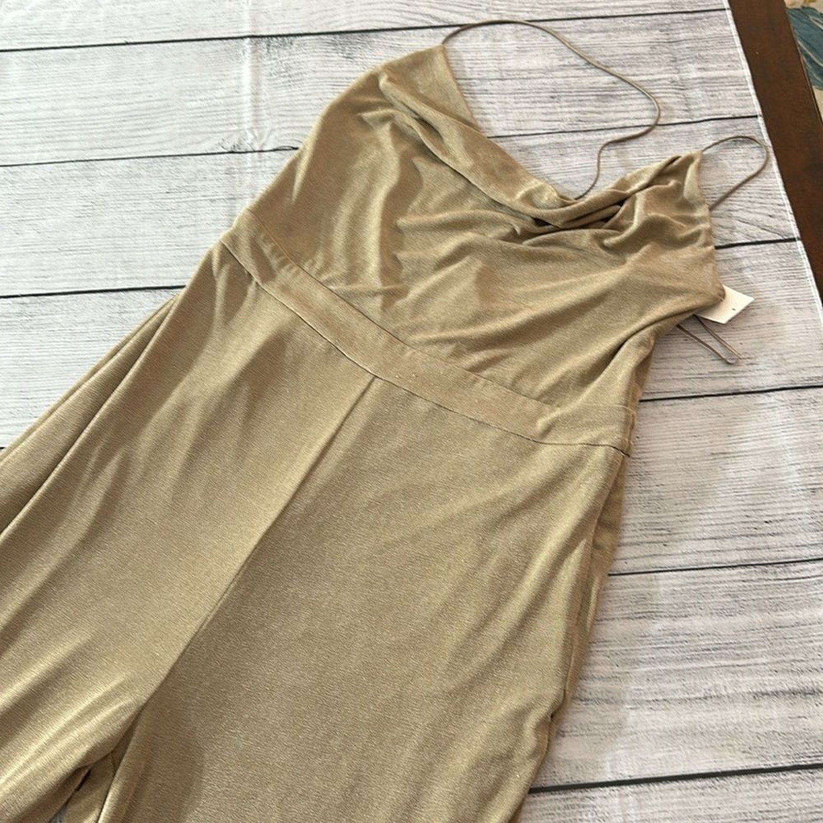 NEW Misha Womens Brown Metallic Shoulder Strap Cowl Neck Jumpsuit - size 12