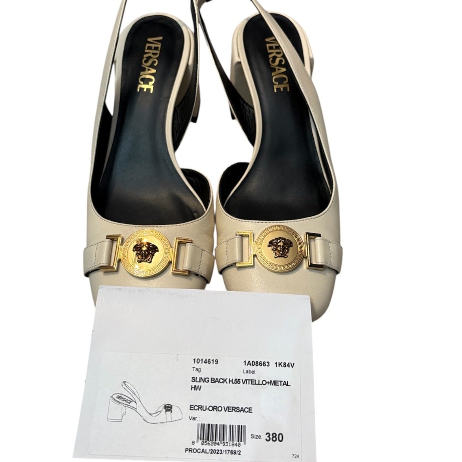 Versace Sling Back Vitello Metal Logo Heel - 38 (US 8)