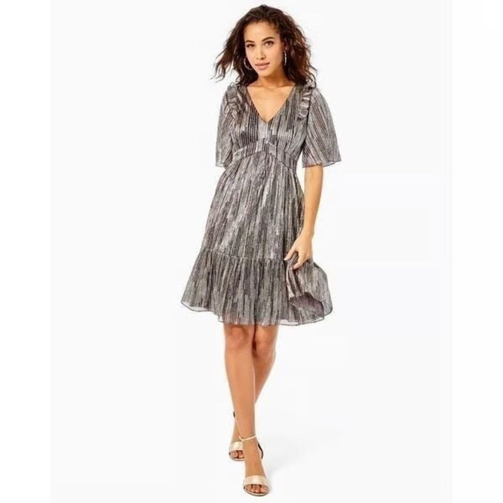 Lilly Pulitzer Racheli Crinkle Dress Gold Metallic Rope Stripe Berry - size 2