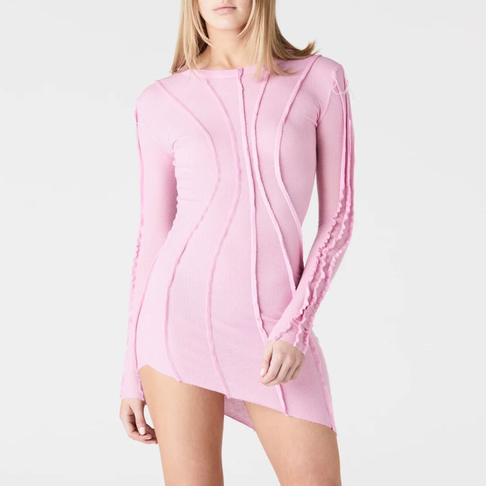 NEW Sami Miro Vintage Women's Asymmetric Long Sleeve Mini Dress in Pink - size M