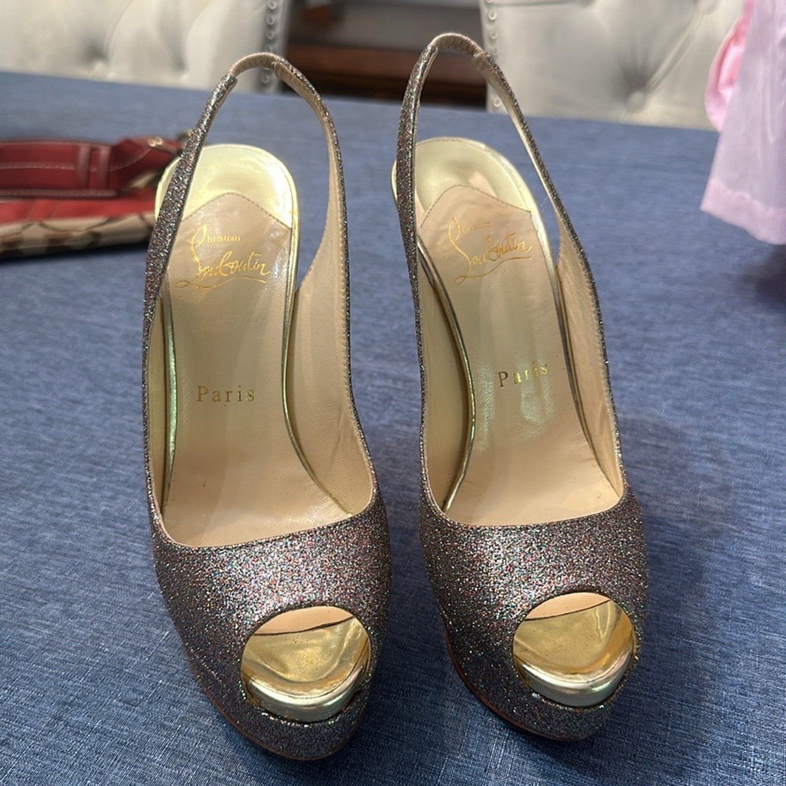 Christian Louboutin Metallic Multicolor Glitter Lady Peep Toe Platform Pump 36.5