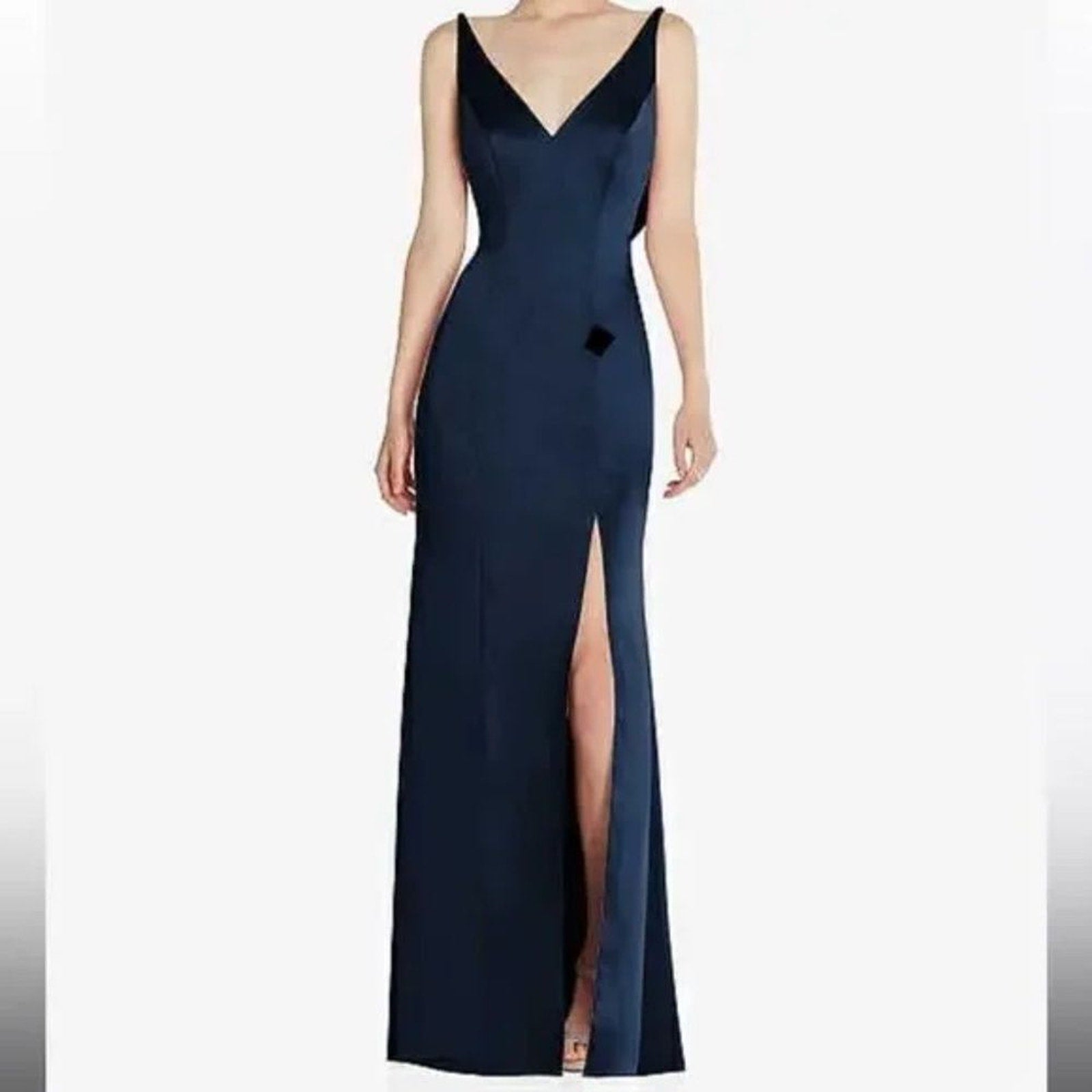 NEW After Six Draped Cowl-Back Princess Line Dress With Front Slit Midnight Navy