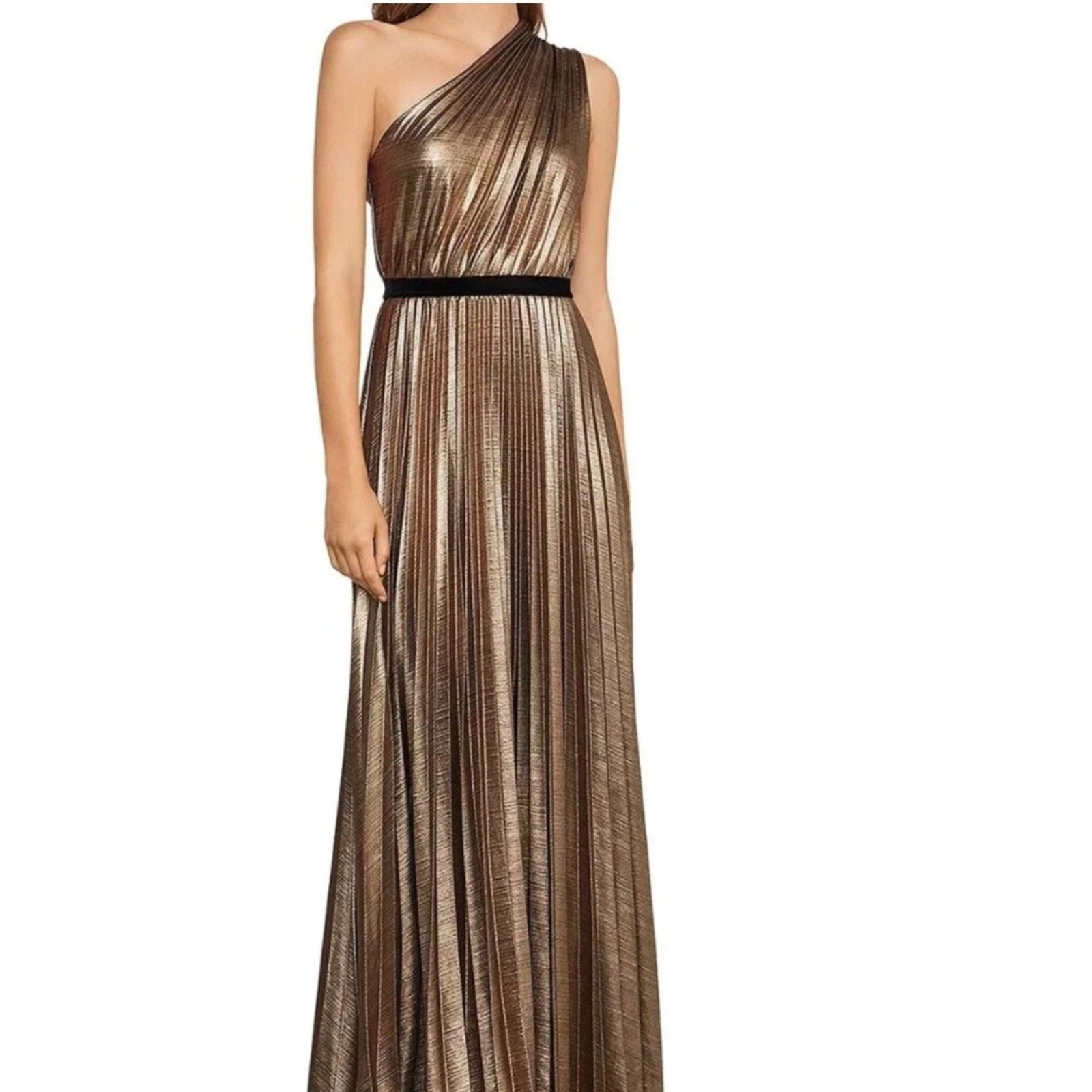 BCBGMAXAZRIA Metallic Pleated One-Shoulder Gown - L 🌟