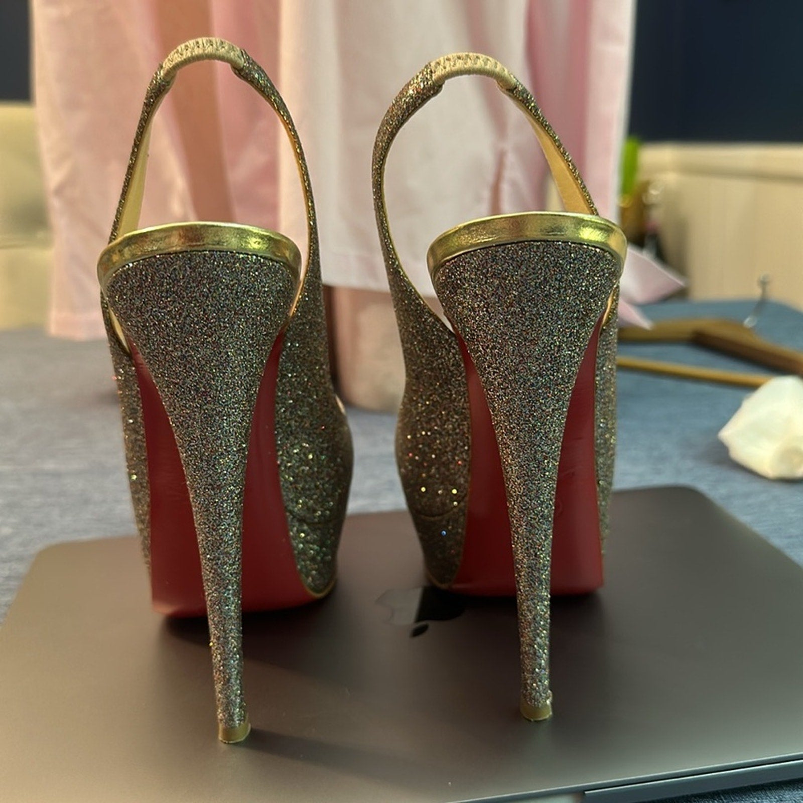 Christian Louboutin Metallic Multicolor Glitter Lady Peep Toe Platform Pump 36.5