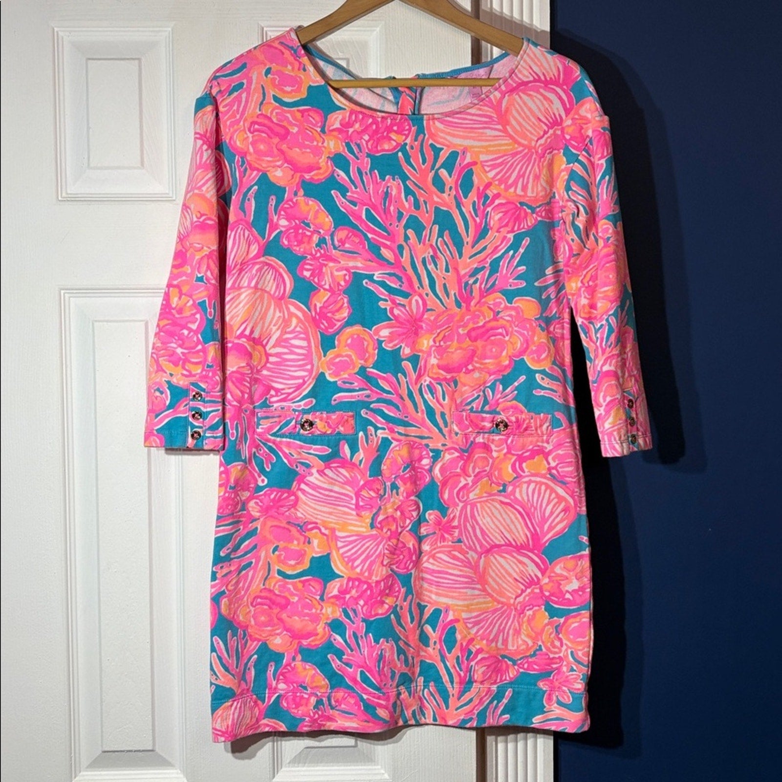 Lilly Pulitzer Lena Sparkling Blue Fan Tastic French Terry Tunic Dress - size XS