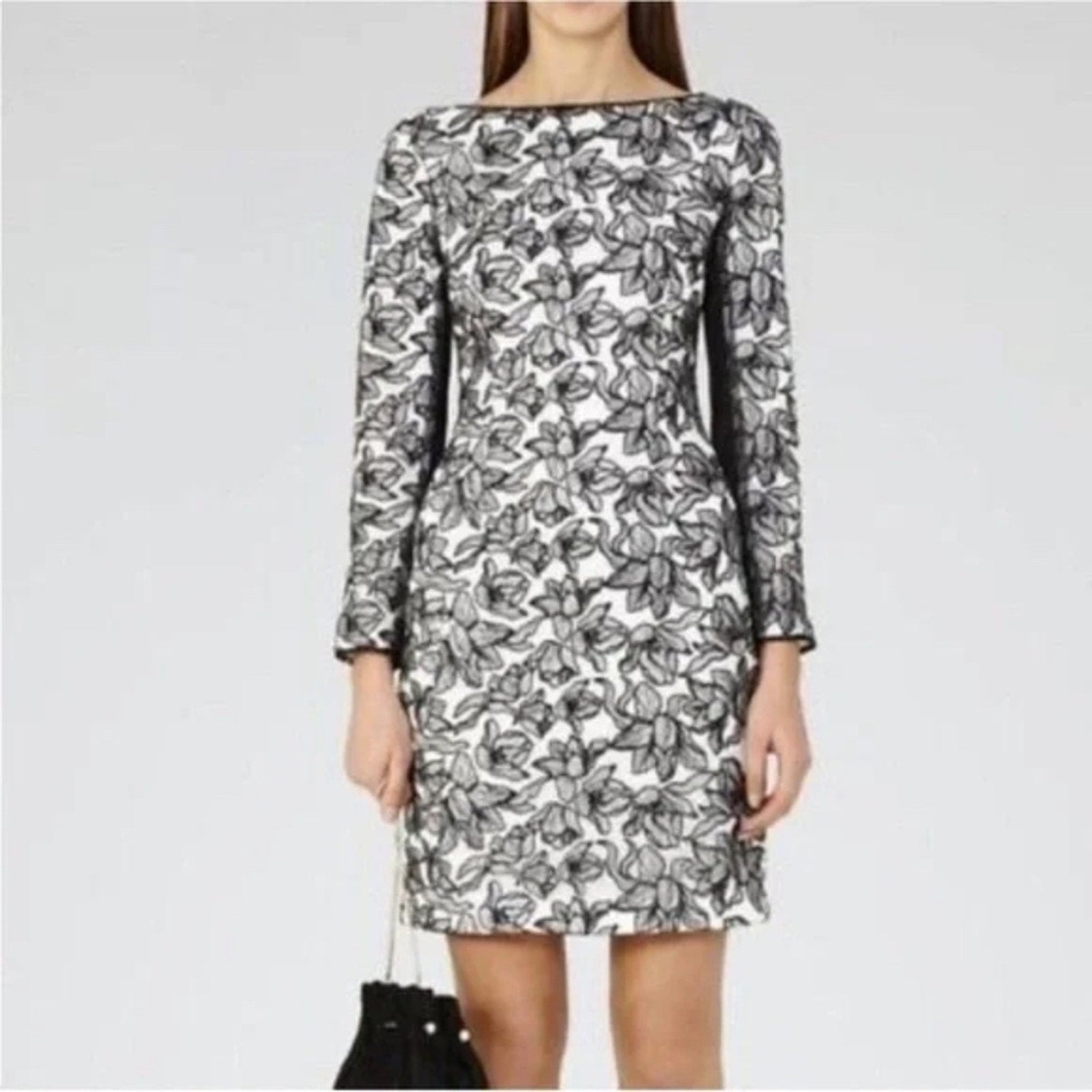 Reiss Black and White Floral Celia Dress Embroidered - size 2
