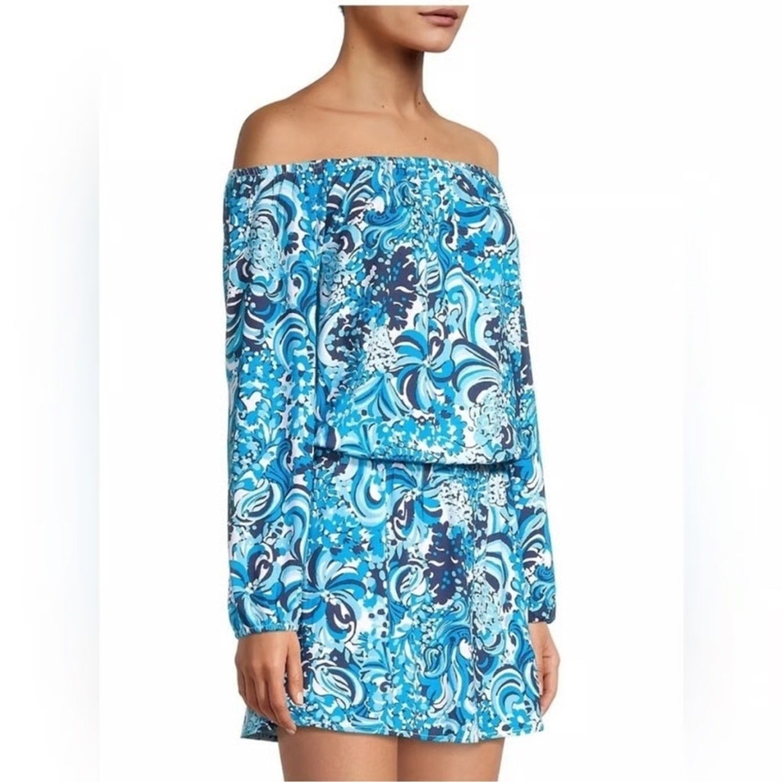 Lilly Pulitzer Lana Skort Romper Dress Mermazing Blue Off the Shoulder - size S