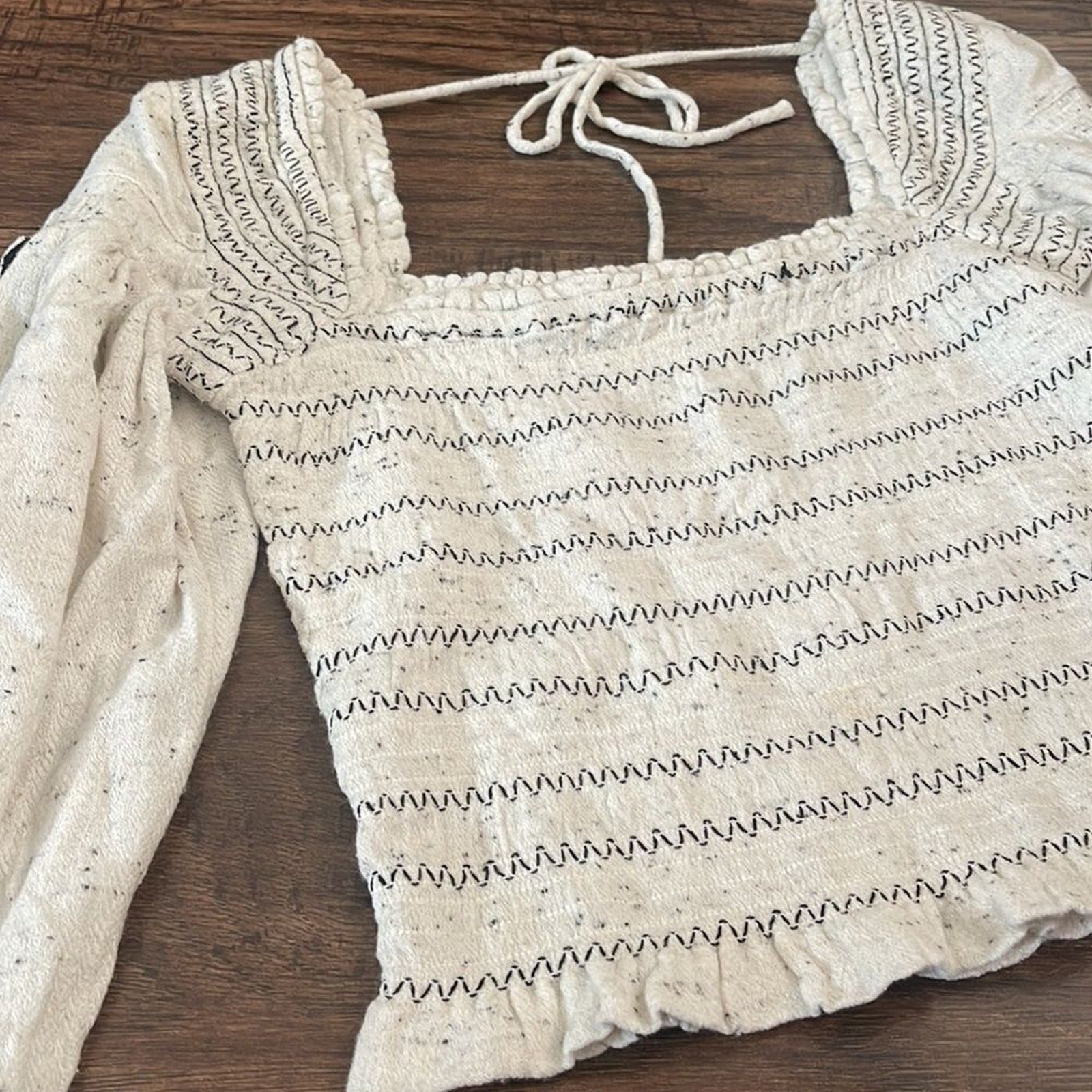 NWOT Free People Maggie Embroidered Top Crochet Long Sleeve Smocked Blouse - S