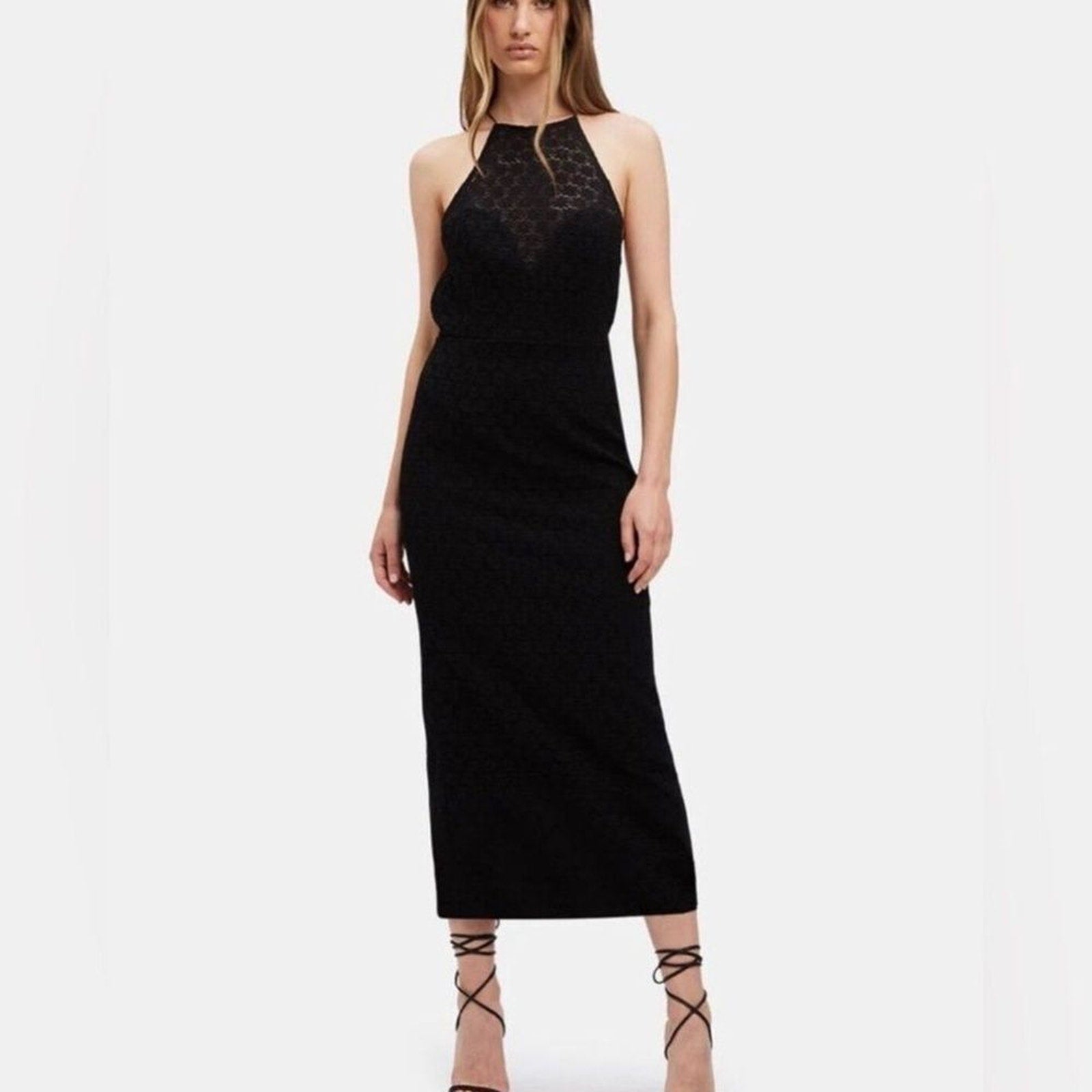 NWT Bardot Chameleon Lace Halter Open Back Midi Dress In Black - L