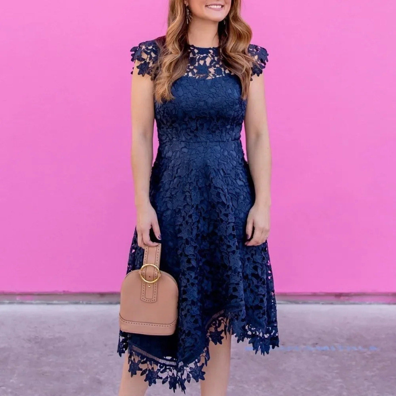 NWT Eliza J Navy Blue Lace Asymmetric Cocktail Dress - size 8