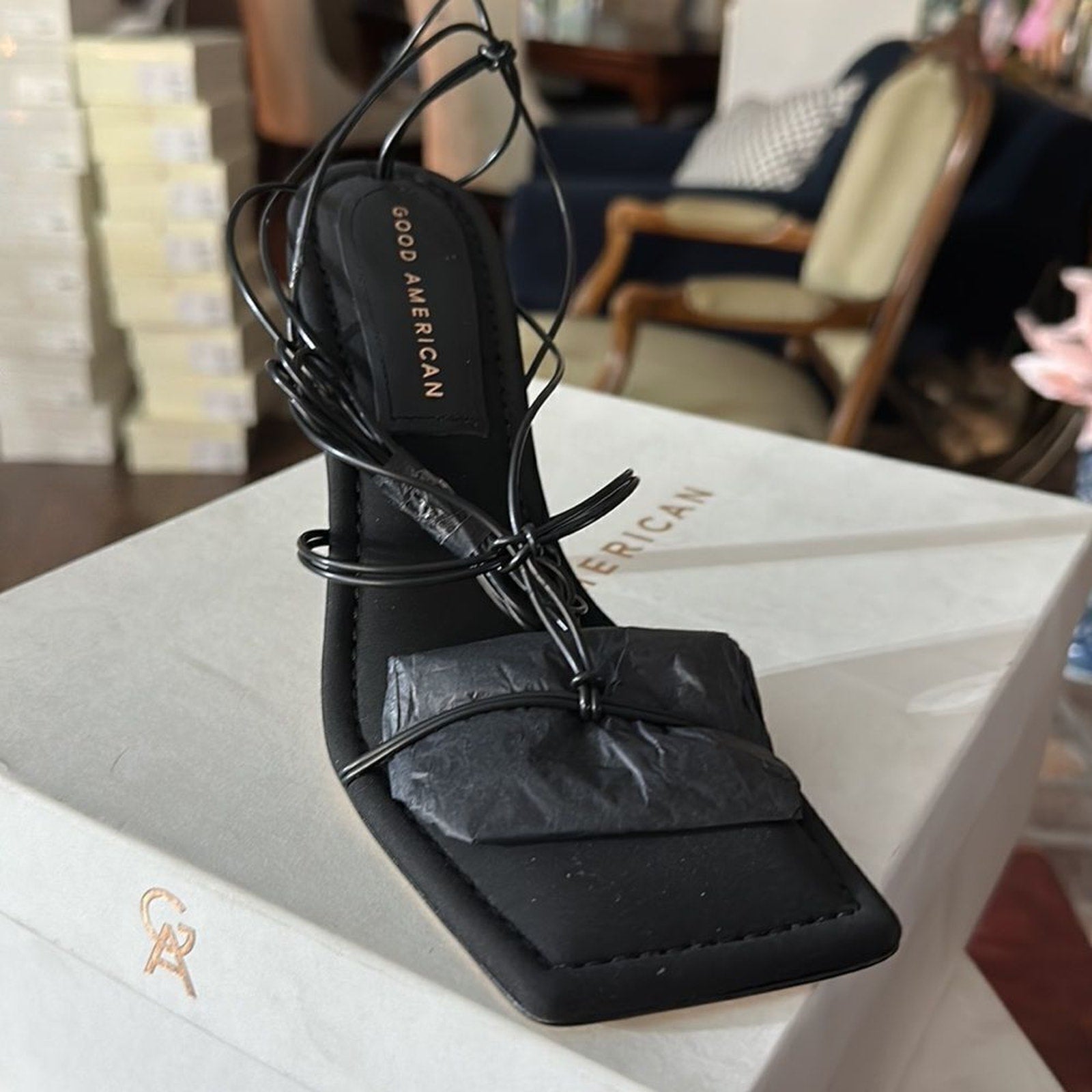 NEW Good American Cage Slanted Sandals Neoprene Black Lace Up Heel SIZE 6.5